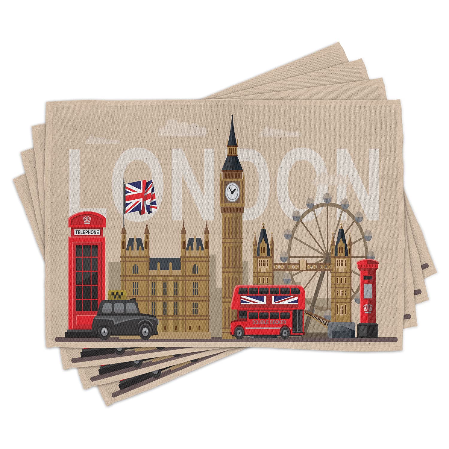 Ambesonne London Place Mats Set of 4 - Famous British Landmarks & Monuments Art Design - Washable Fabric Table Mats for Dining Room - Standard Size Beige - Perfect for Dinner Parties, Tea Time & Home Decor