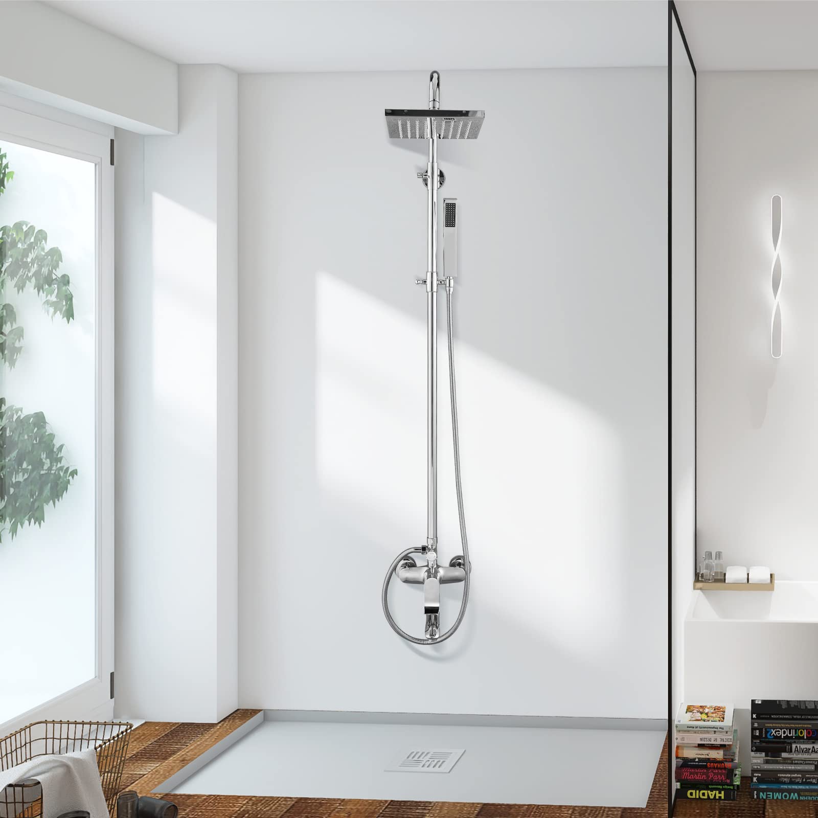Polished Chrome 3-Function Exposed Shower System with 8 Inch Square Rainfall Shower Head - Wall Mount Bathroom Faucet Set for Modern Luxury Showers | Perfect for Master Bathrooms & Spa-Like Experiences