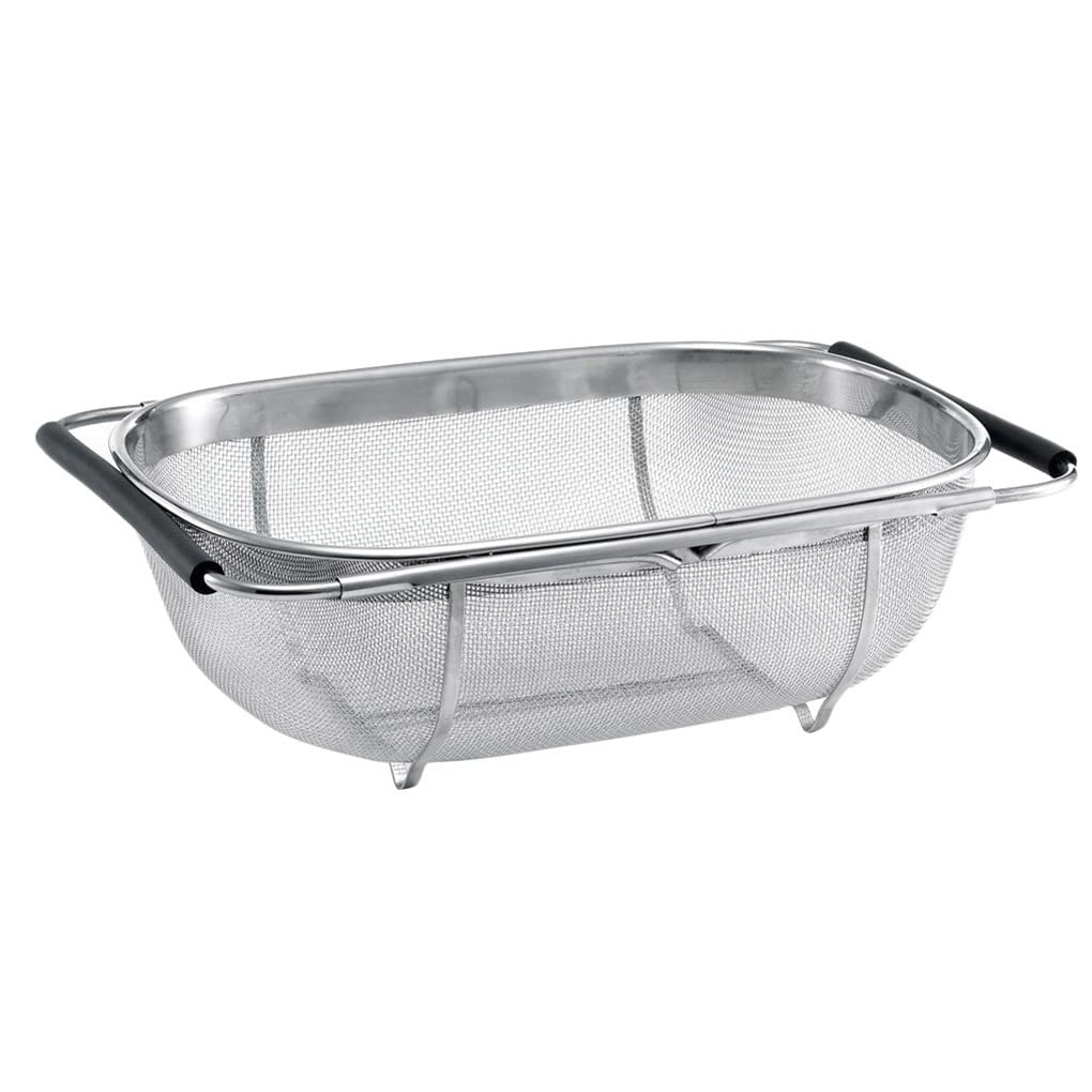 Stainless Steel Dish Drying Rack with Retractable Drain Basket - Oval Sink Colander with Rubber Grip Handles for Vegetables & Dish Draining - Medium Size Home Storage Solution for Kitchen Organization & Space Saving