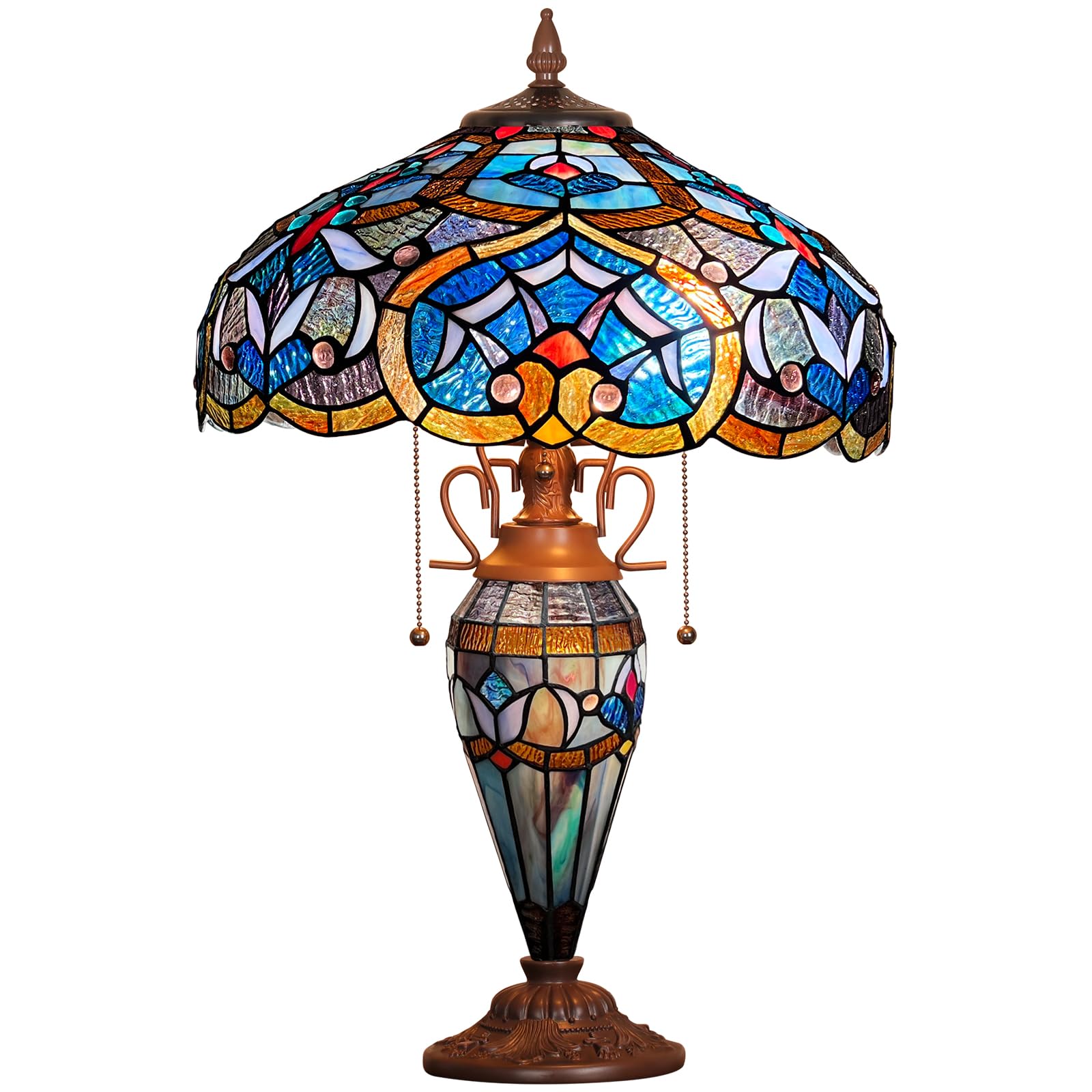 Tiffany Style Stained Glass Table Lamp - 16x16x24 Inches 3-Light Capulina Desk Lamp with Mother-Daughter Vase Flower Design for Home Office, Bedroom & Living Room - Perfect Reading Light & Decorative Accent