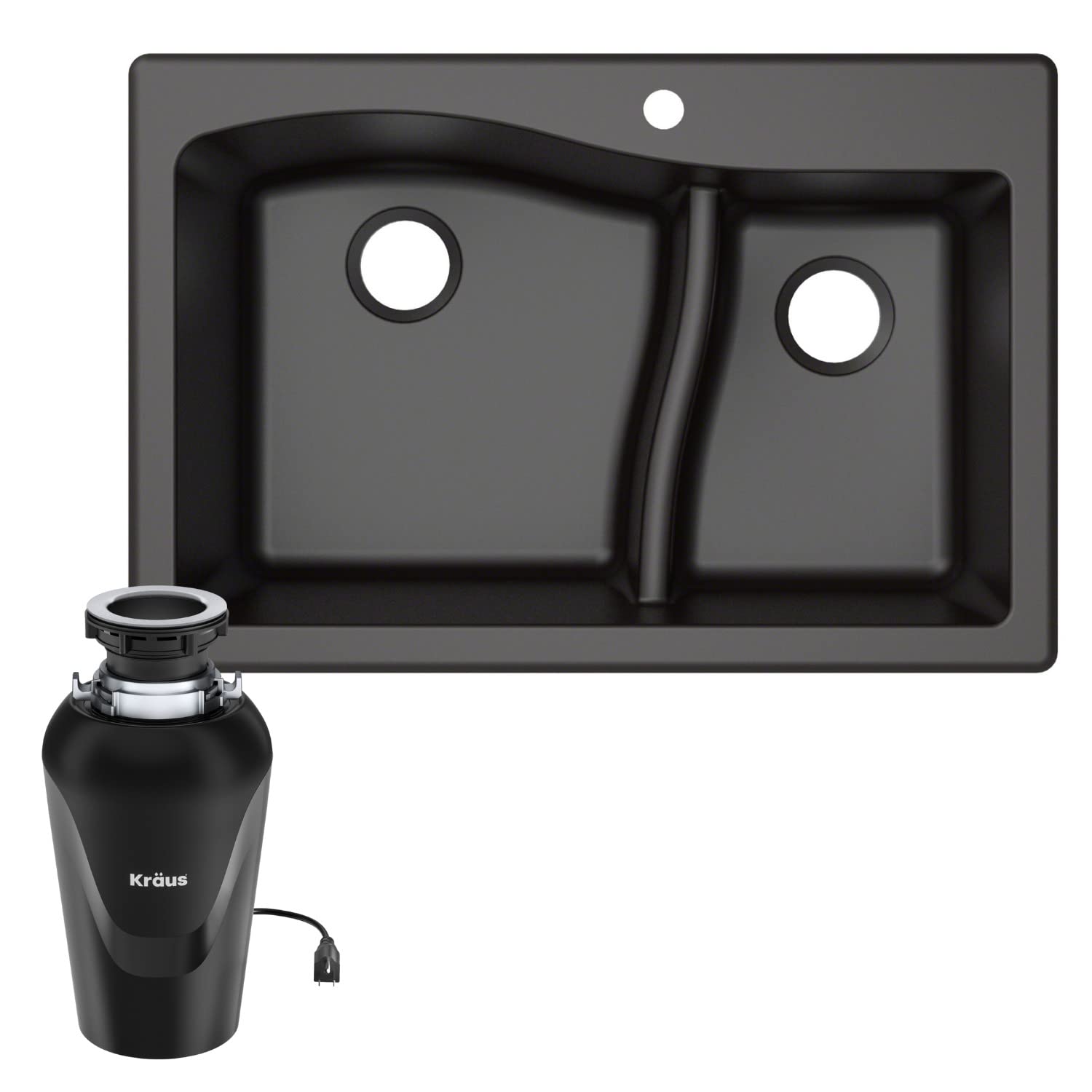 KRAUS Quarza™ 33-Inch Black Granite Dual Mount 60/40 Double Bowl Kitchen Sink with WasteGuard™ Continuous Feed Garbage Disposal (KGD-442BL-100-75MB) - Perfect for Modern Kitchens, Remodeling & Heavy-Duty Cooking