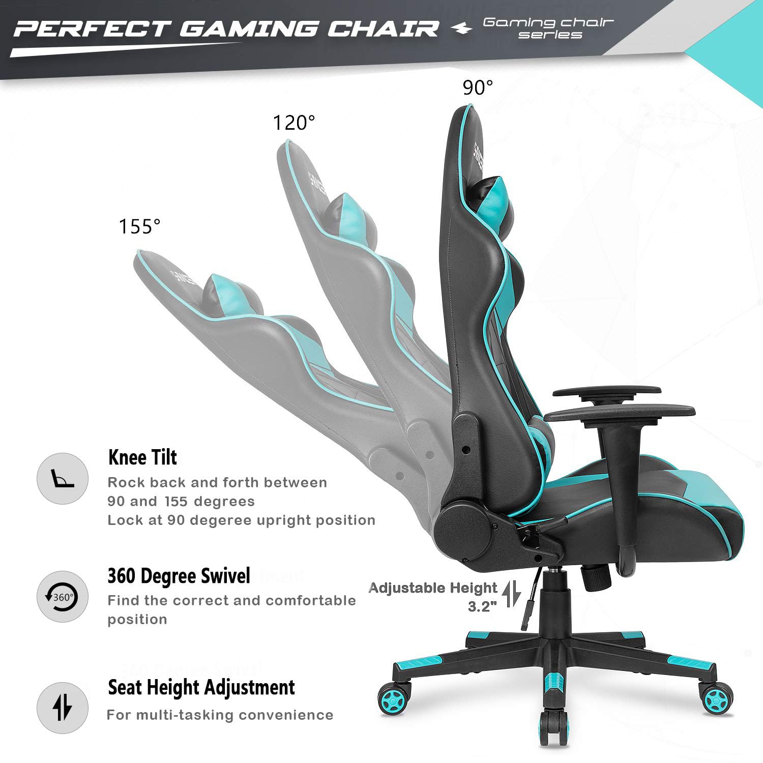 **Furniwell Ergonomic Gaming Chair - High Back PU Leather Office Chair with Adjustable Headrest & Lumbar Support, Swivel Computer Desk Chair for Home & Office Use (Cyan) - Perfect for Gaming, Working & Studying**