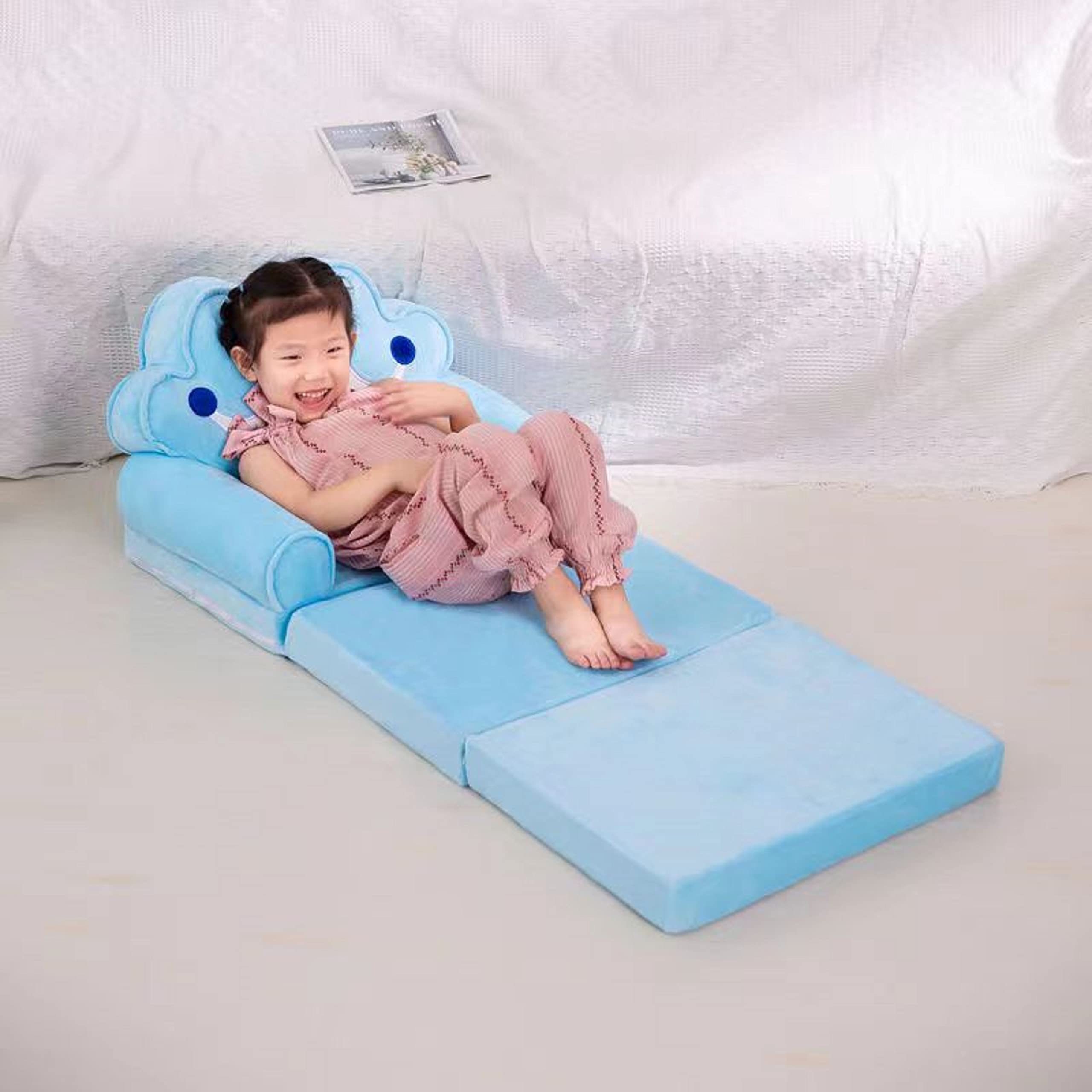 3-Layer Foldable Kids Sofa - Plush Flip Open Armchair with Cute Cartoon Design, Soft Mini Couch for Children's Room, Playroom & Nursery (Blue Crown) - Perfect for Reading, Napping & Playtime