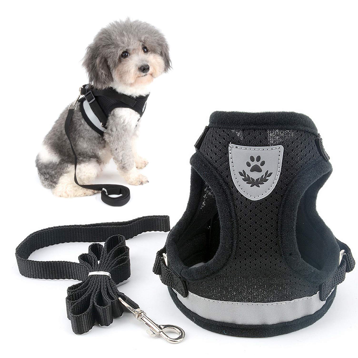 Ranphy Reflective No-Pull Dog Harness Vest with Leash Set - Soft Mesh Step-in Jacket for Small Dogs & Cats (Yorkie, Chihuahua, Puppy, Kitten) - Black | Perfect for Night Walks, Training & Outdoor Safety