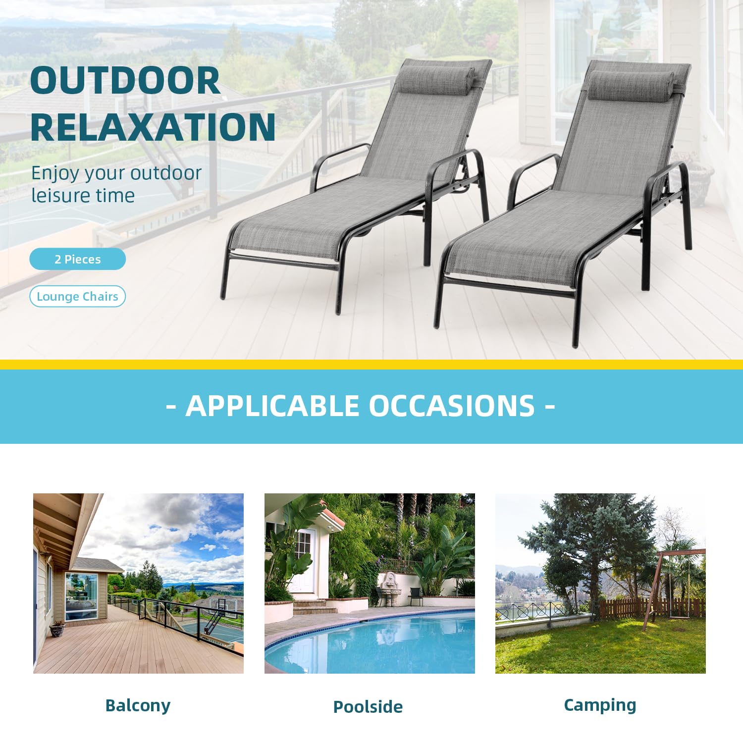 EROMMY Patio Chaise Lounge Set of 2 - Grey Outdoor Lounge Chairs for Poolside, Garden & Backyard Relaxation | Weather-Resistant Patio Furniture