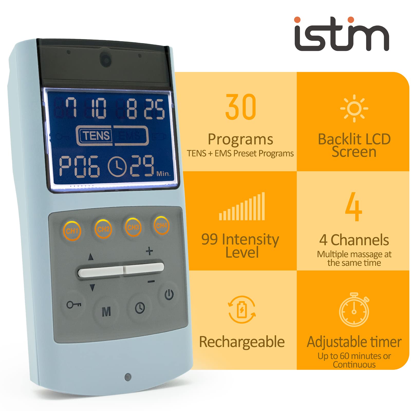 iStim TENS EMS Muscle Stimulator - EV-906 Pain Relief Device with Japanese Gelled Electrodes for Back Pain, Muscle Recovery & Strength Training - Perfect for Home Therapy, Sports Injury & Post-Workout Recovery