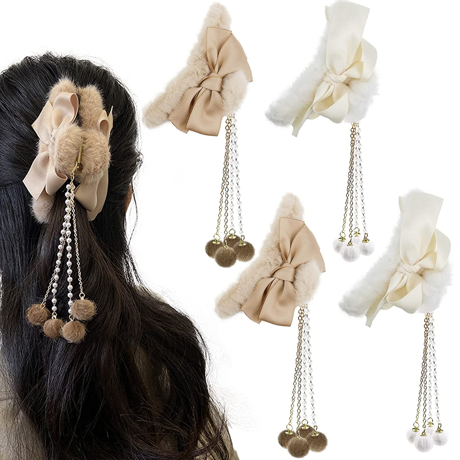 2 Pack Furry Big Bow Hair Clips with Pearl Pendant - Non-Slip Hair Claws for Women & Girls - Perfect for Thin to Thick Hair Styling, Fashion Accessories for Parties, Weddings & Everyday Wear