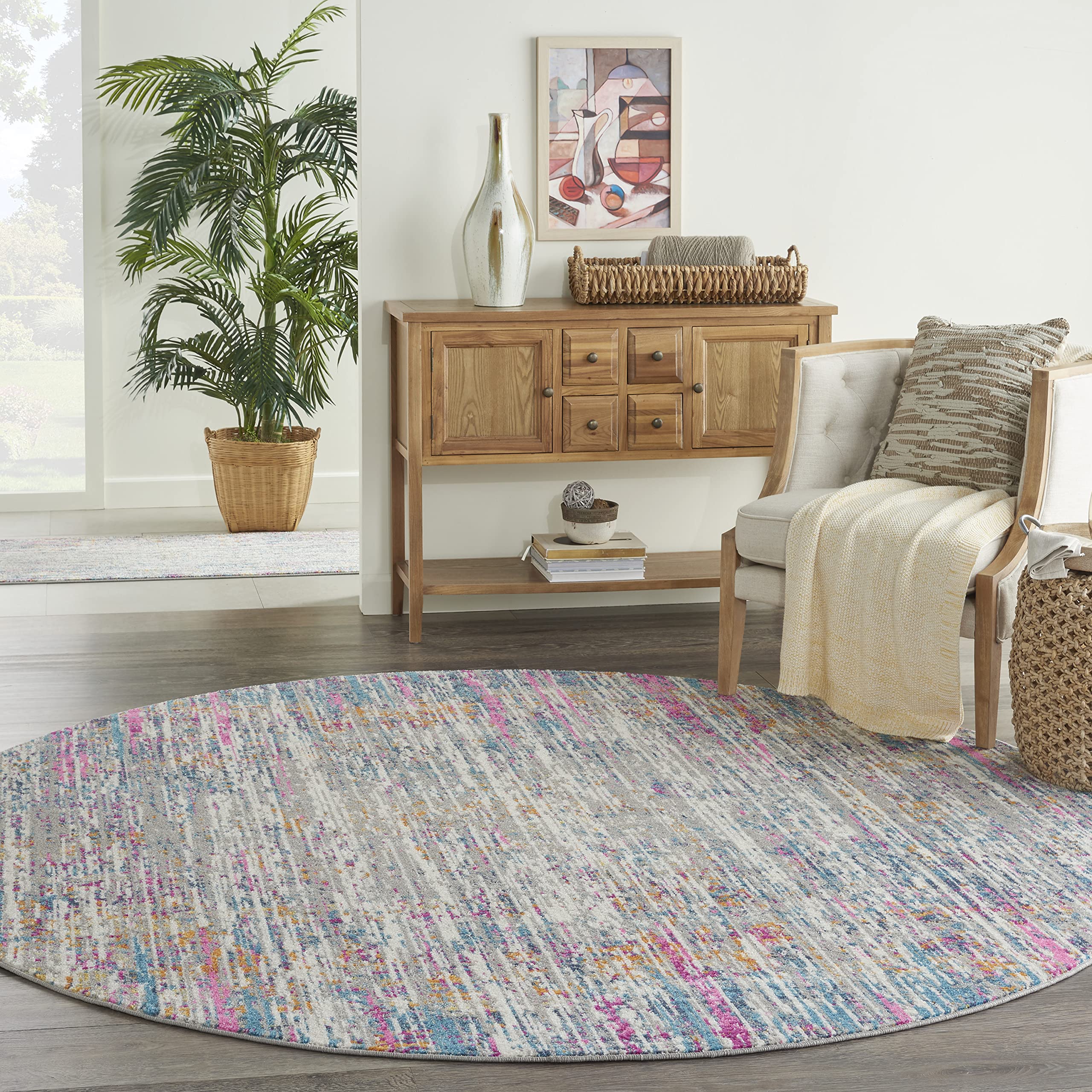 Nourison Passion Abstract Ivory Multi 8' Round Area Rug - Easy Clean, Non-Shedding, Stain Resistant - Perfect for Bedroom, Living Room, Dining Room & Kitchen Decor