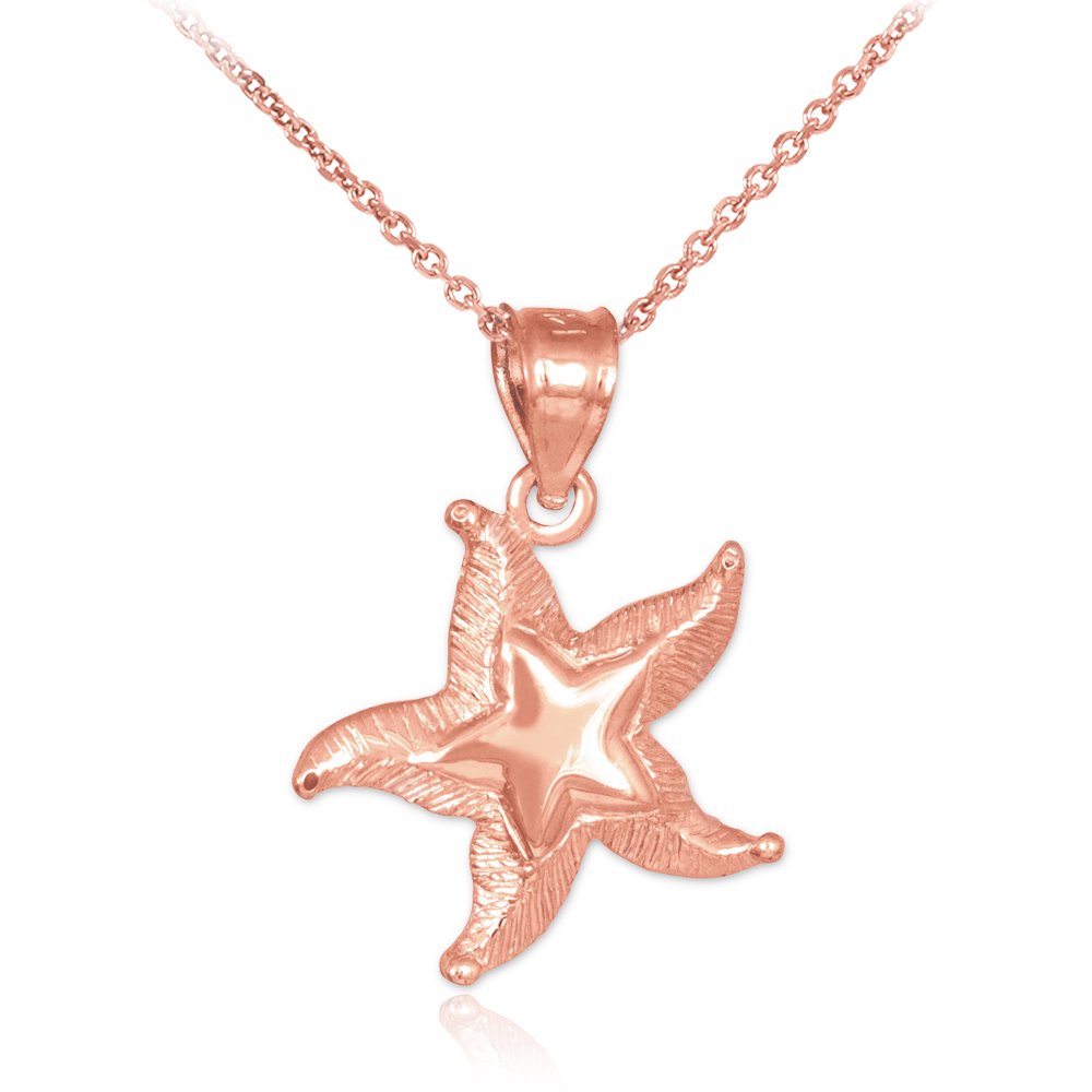 10K Rose Gold Textured Starfish Pendant Necklace for Women - Dainty Beach Jewelry Gift for Her - Perfect for Summer Vacations, Beach Weddings & Coastal Fashion