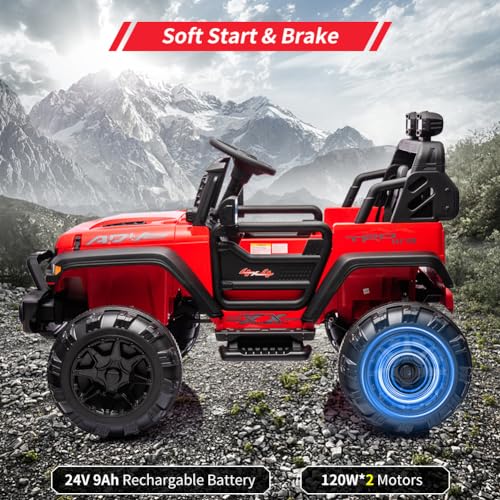 GARVEE 24V Electric Ride On Truck for Kids - 2 Seater Remote Control Car with LED Lights, Music & Horn, Large Storage Space & Cup Holder - Toddler Toy Vehicle for Ages 3-8 (Red) | Perfect for Outdoor Play, Birthday Gifts & Family Fun Activities
