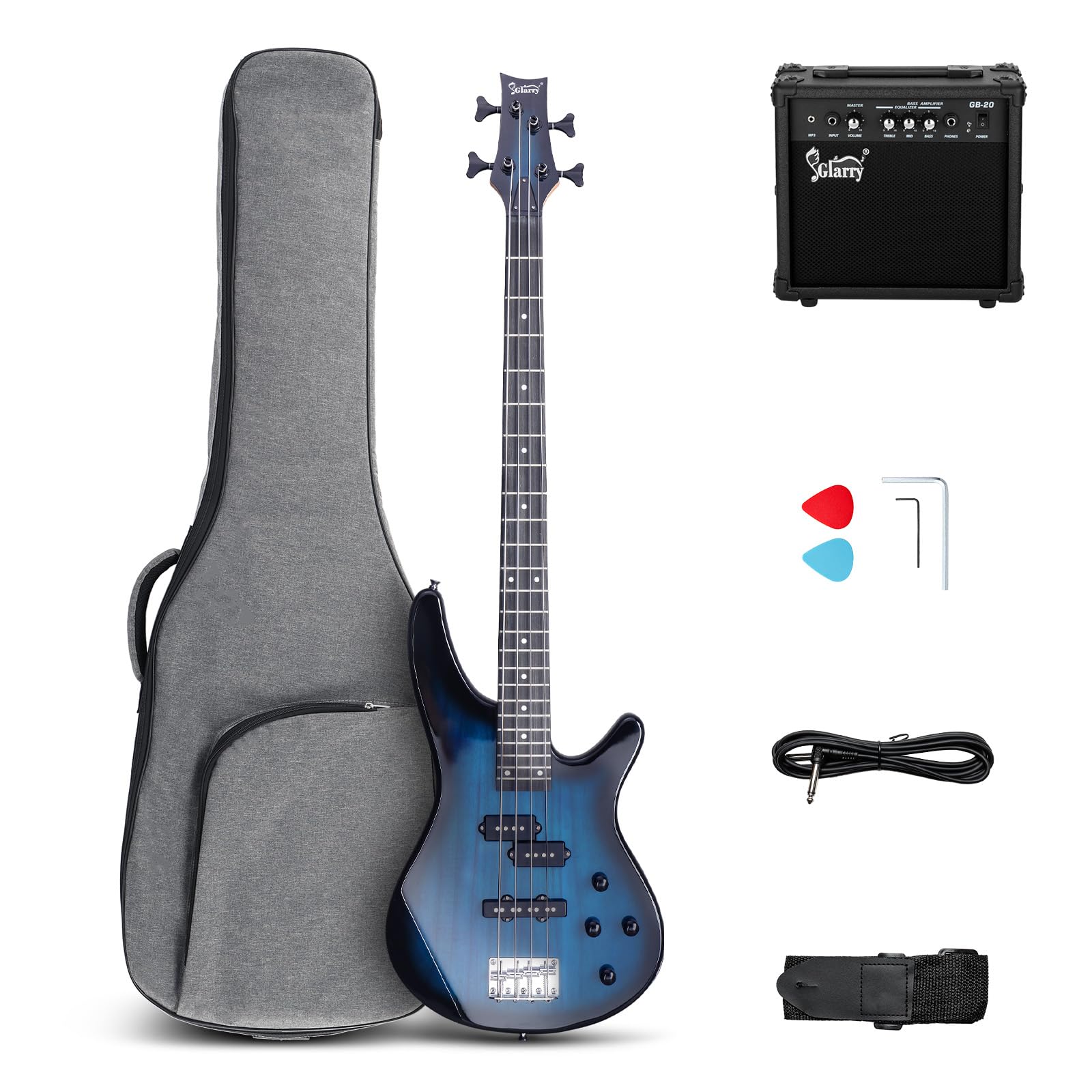 GLARRY 4-String Electric Bass Guitar Beginner Kit - Full Size Solid Body Bass with 20W Amp, Gig Bag & Accessories (Dark Blue) - Perfect for Beginners, Practice & Live Performances