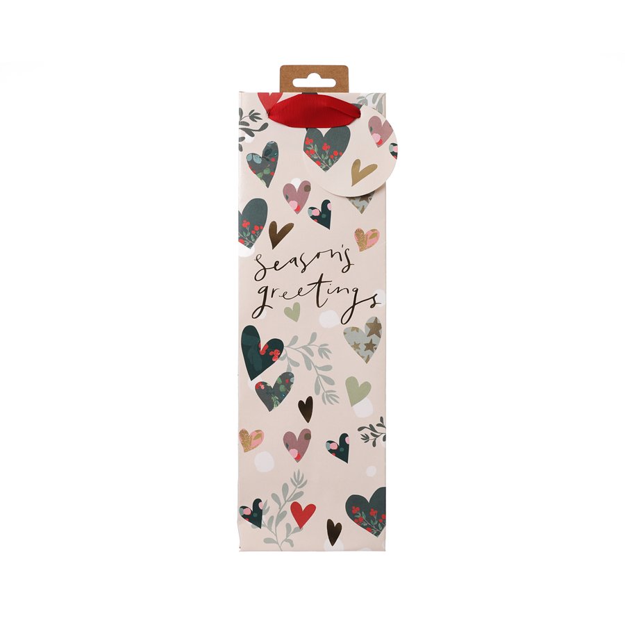 GLICK Christmas Paper Bottle Bag with Heart Design - Perfect for Holiday Gifts, Party Favors & Wine Bottle Packaging
