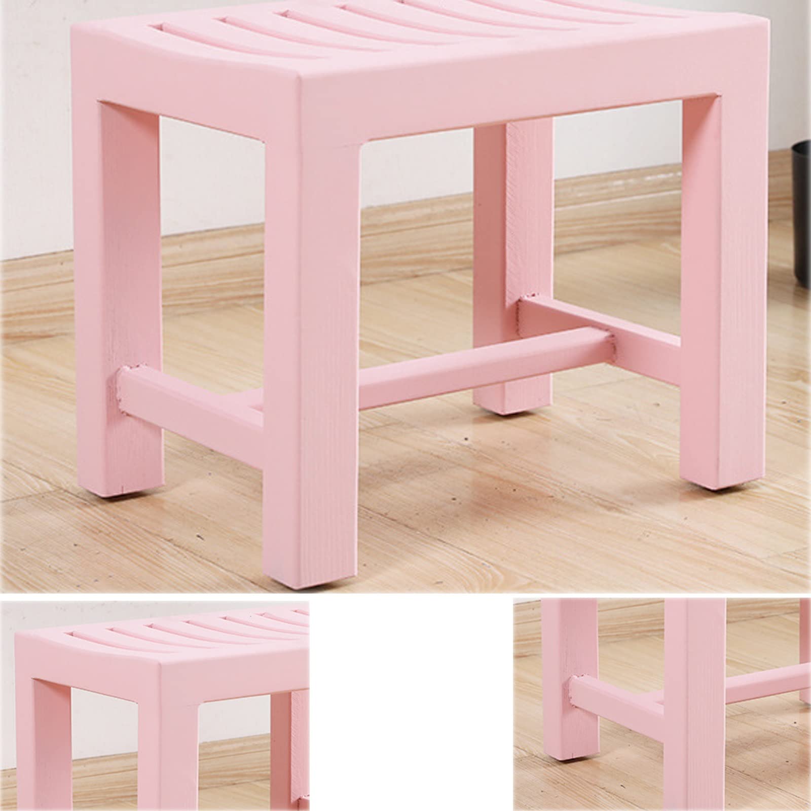 Waterproof Modern Wooden Bathroom Stool - Non-Slip Bathtub Spa Chair for Adults, Shower Stool with Anti-Skid Feet, Pink Wooden Stool for Living Room & Bedroom (42x28x35cm) - Perfect for Bathing, Relaxing & Changing Shoes