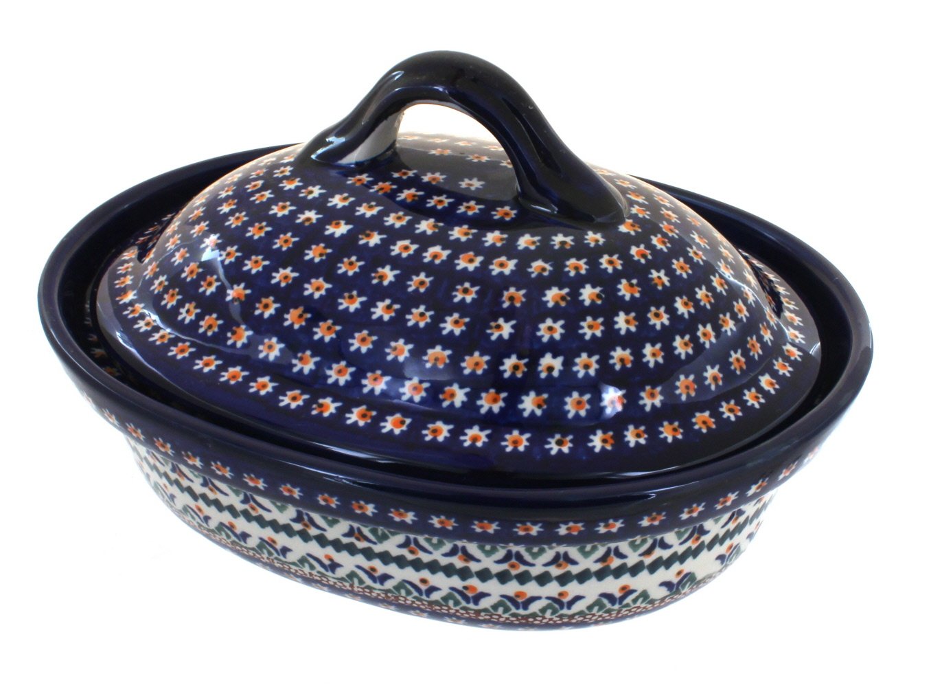 Blue Rose Polish Pottery Daisy Small Oval Baker with Lid - Handmade Ceramic Baking Dish for Casseroles, Side Dishes & Food Storage | Perfect for Oven, Microwave & Dishwasher Safe