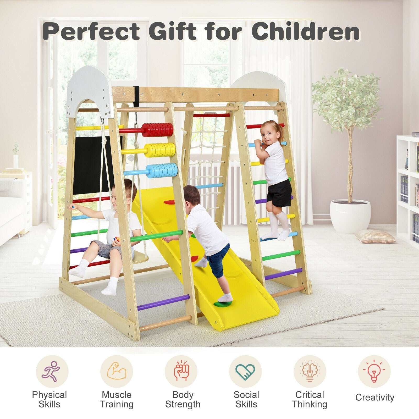 8-in-1 Wooden Climbing Gym Playset for Kids - Indoor Playground Equipment with Colorful Design - Perfect for Home Playrooms, Daycares & Preschools