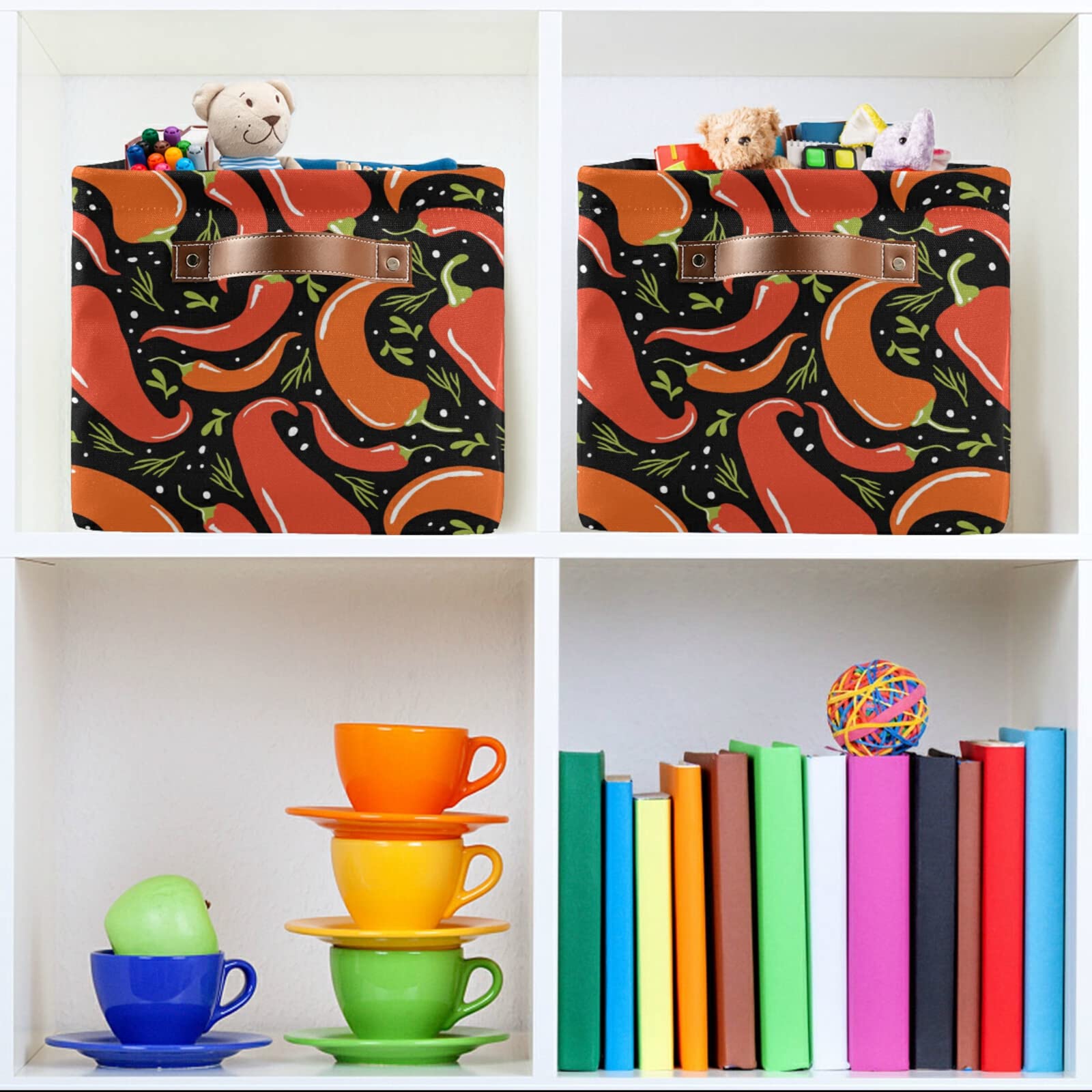 Susiyo Large Foldable Storage Bin - Collapsible Fabric Basket with PU Handles for Home Organization (Chili Mexican Pepper Design) - Perfect for Shelves, Closet, Bedroom & Living Room Storage - 1 Pack