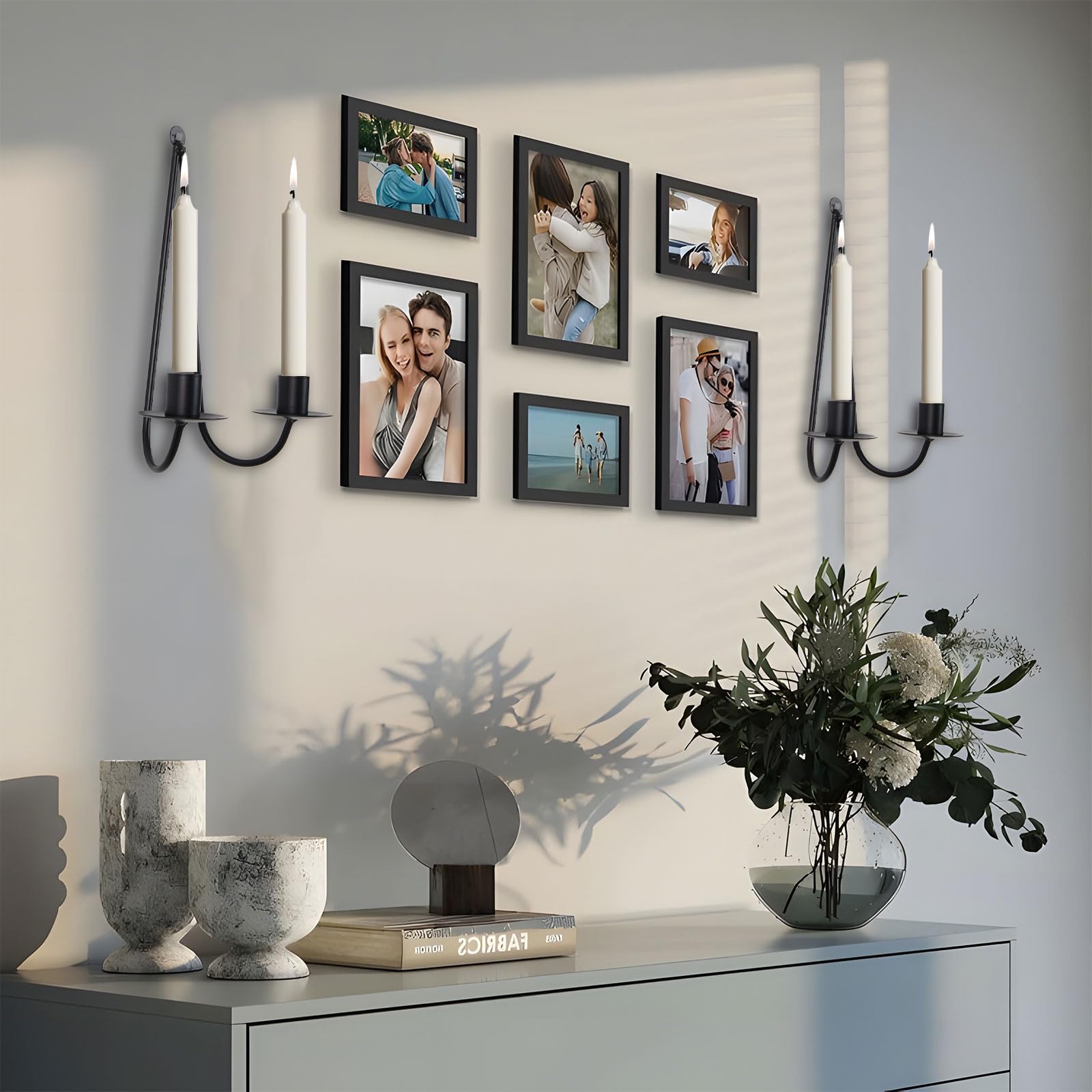 Black Metal Wall Candle Sconces Set of 2 - Farmhouse Hanging Candle Holders for Fireplace, Hallway, Living Room & Stairway Decor - Perfect for Romantic Dinners, Cozy Evenings & Rustic Home Ambiance (CS003)