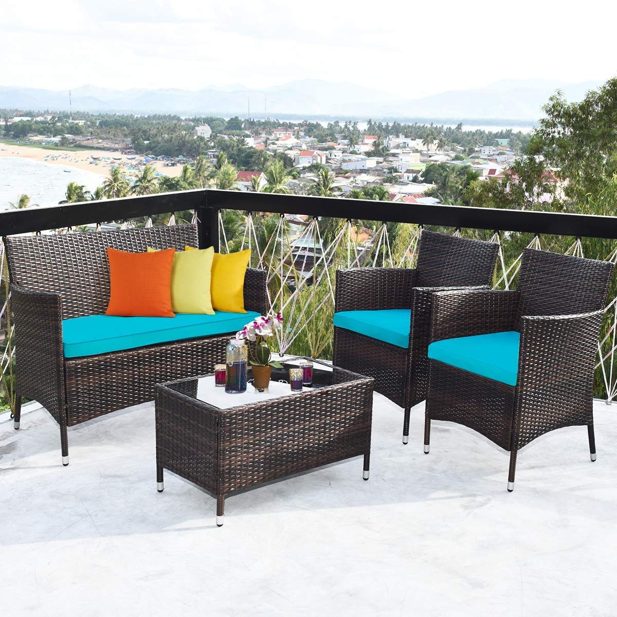 4-Piece Outdoor Rattan Furniture Set with Tempered Glass Coffee Table & Cushions - Modern Wicker Sofa Set for Patio, Backyard, Porch, Garden, Poolside (Blue) - Perfect for Relaxing, Entertaining & Outdoor Lounging