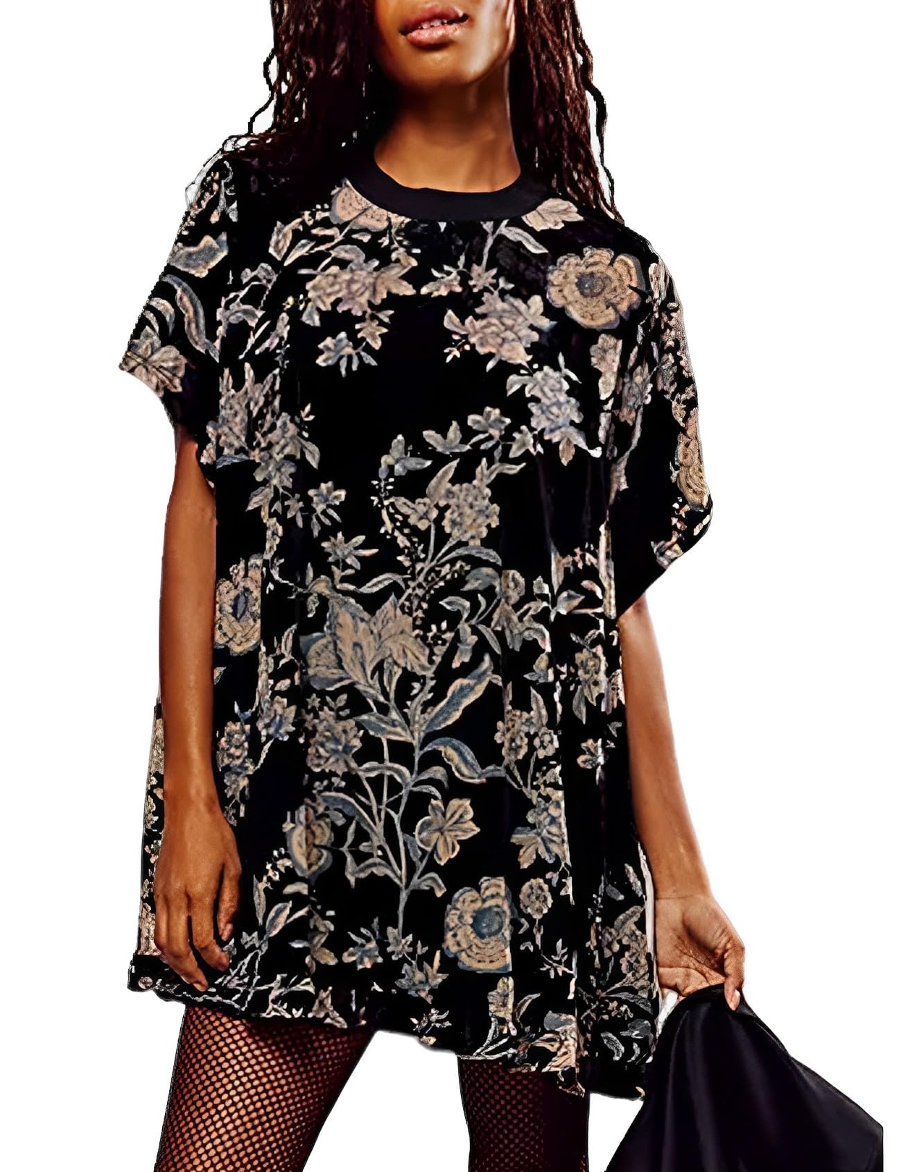 Yimoon Women's Vintage Velvet Floral Print Short Sleeve Mini Dress - Boho Round Neck Flowy Dress for Party, Date Night & Summer Outfits