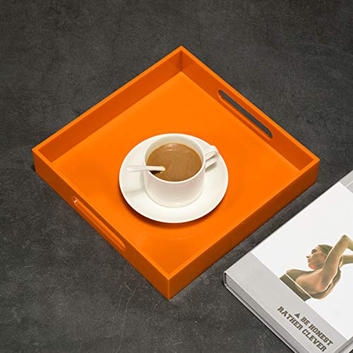 Orange Acrylic Serving Tray with Handles - 10x10 Inch for Kitchen, Vanity & Ottoman