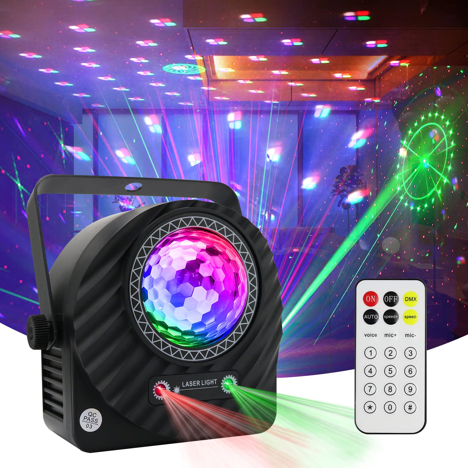 AMKI Rave Lights - 3 in 1 Party Lighting System with Strobe, Sound Activated Disco Ball & LED Patterns, DMX 512 Remote Control DJ Lights for Home, Club, KTV, Bar, Wedding & Small Events | Perfect for Dance Parties, Nightclubs & Home Entertainment