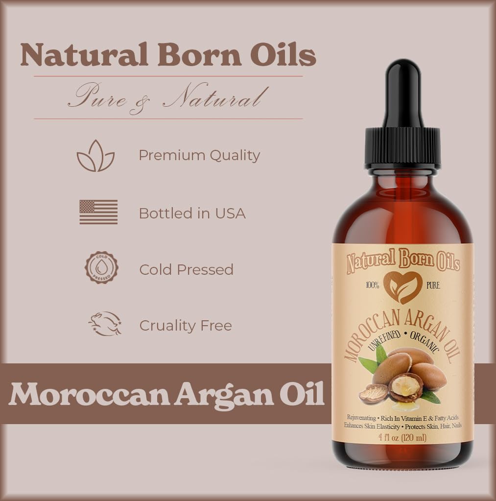 100% Pure Cold-Pressed Organic Moroccan Argan Oil - 2oz Natural Moisturizer for Skin & Hair Care | Hydrating Treatment for Dry Face, Scalp & Split Ends | Vegan & Cruelty-Free Beauty Essential