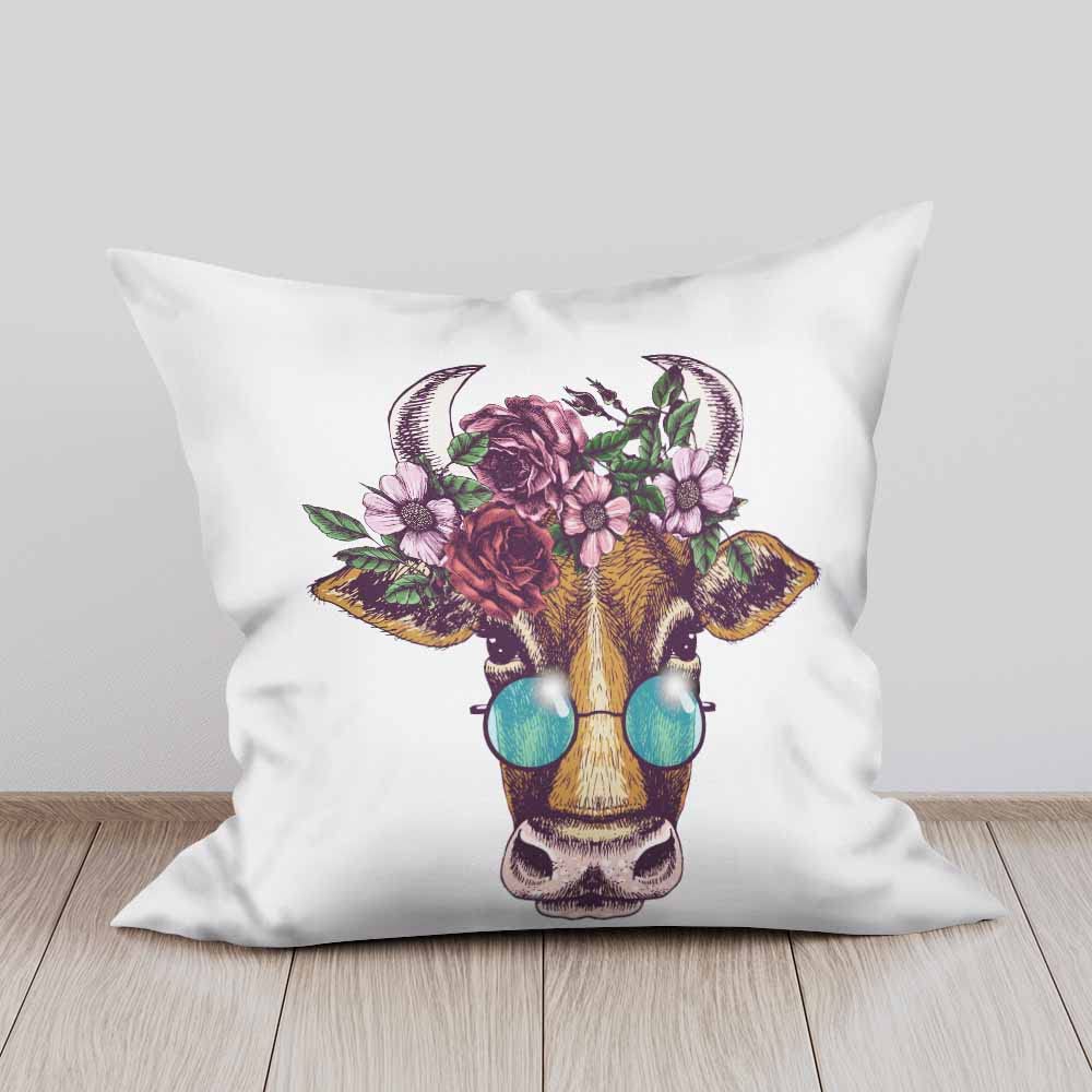 Fashion Cow with Rose Floral Green Leaves Wreath & Sunglasses Throw Pillow Covers - Set of 2 Square Decorative Cushion Covers 18x18 Inch for Sofa, Bed, Living Room - Perfect Home Decor for Men & Women