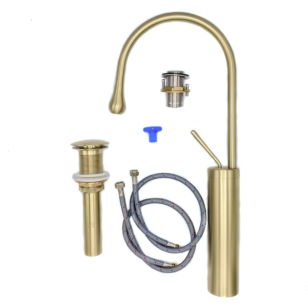 Brushed Gold Bathroom Faucet - High Arc Single Handle Vessel Sink Faucet, Tall Solid Brass Vanity Faucet with Pop-Up Drain (No Overflow), cUPC Certified, Includes Water Supply Hoses & Installation Kit - Perfect for Modern Bathrooms, Powder Rooms & Luxury Vanities