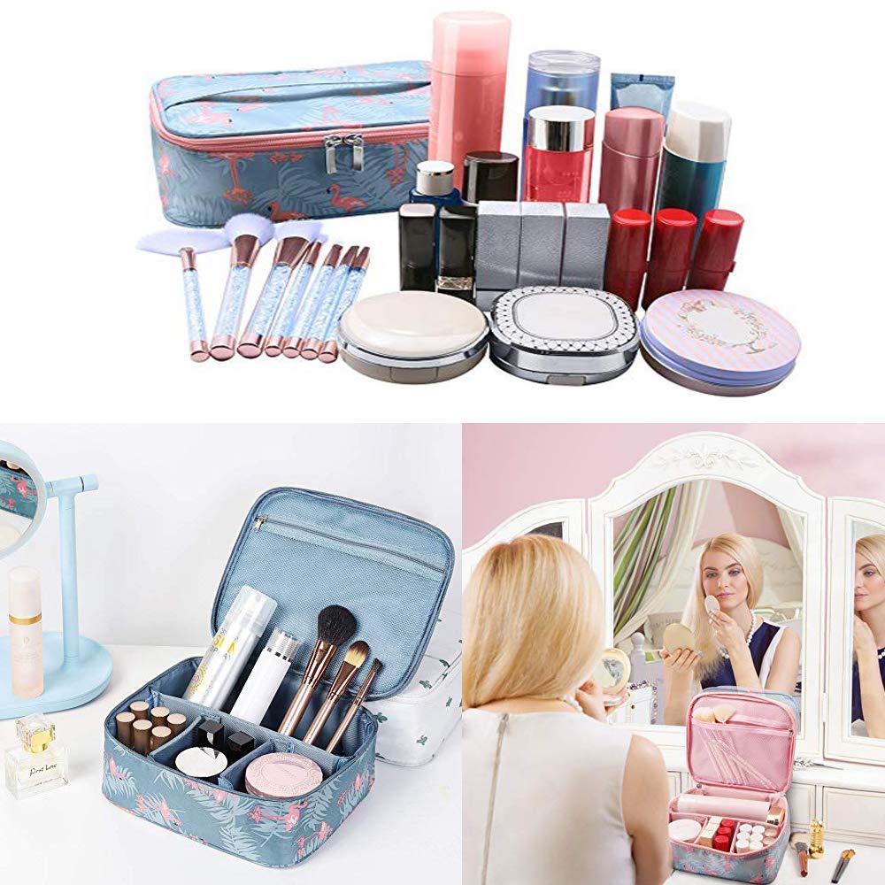 SKYFUN 17cm Foldable Nylon Travel Makeup Bag with Adjustable Dividers & Handles - Blue Flamingo Print Cosmetic Organizer for Bathroom, Train Case, Travel Essentials & Toiletry Storage