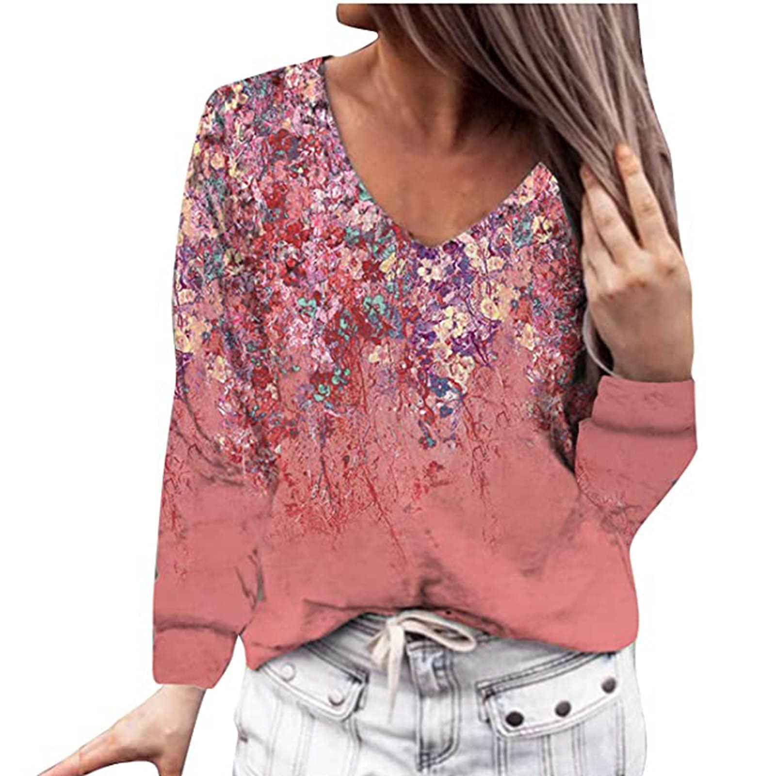 Women's Long Sleeve Blouse - Floral Print V-Neck Loose Casual T-Shirt & Pullover Tops for Going Out | Perfect for Work, Date Night & Weekend Outfits