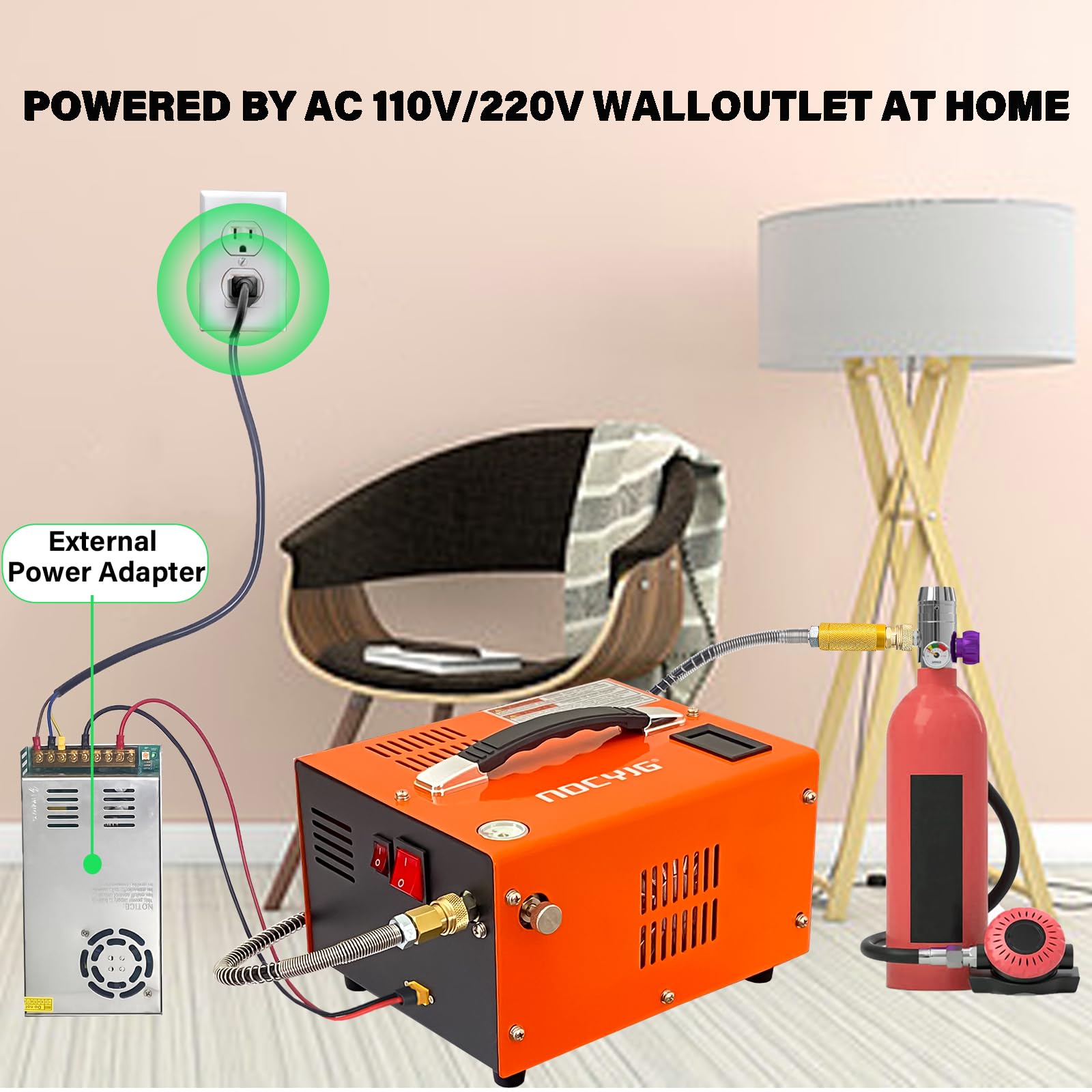 4500PSI Portable PCP Air Compressor - 12V DC/110V AC Dual Power with Auto-Stop & Built-in Cooling Fan | External Power Adapter Included | Perfect for PCP Air Rifles, Paintball Guns & Scuba Tanks | Hunting, Sports & Outdoor Adventures