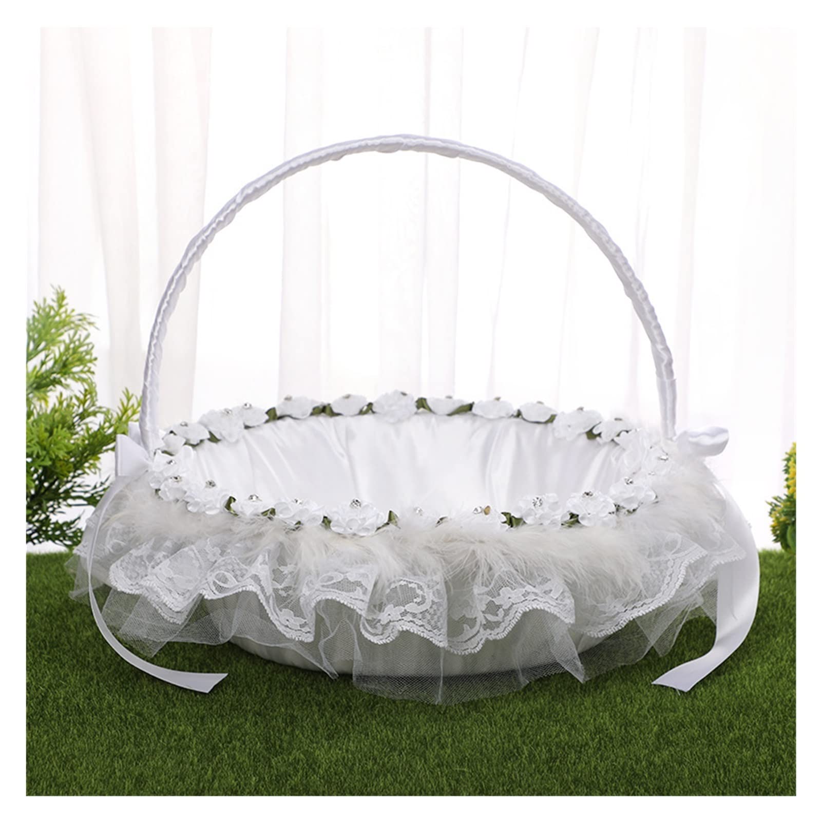 Elegant White Lace Wedding Flower Basket - Handheld Bridal Bouquet Holder for Weddings, Parties & Events - Portable Delicate Floral Basket (One Size) - Perfect for Bridal Showers, Ceremonies & Photo Props