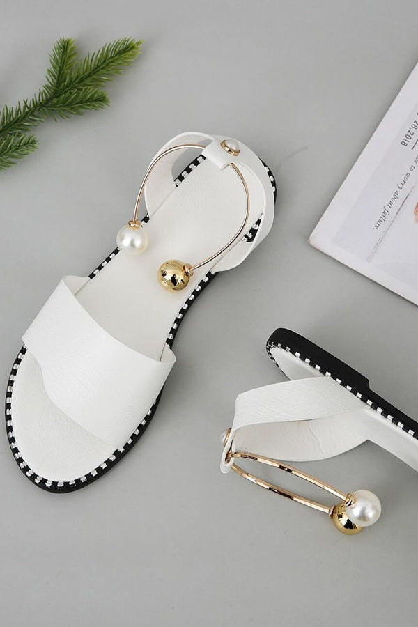 Women's Summer Flat Bottom Pearl Buckle Roman Sandals - Comfortable Casual Beach Walking Shoes for Vacation & Outdoor Activities