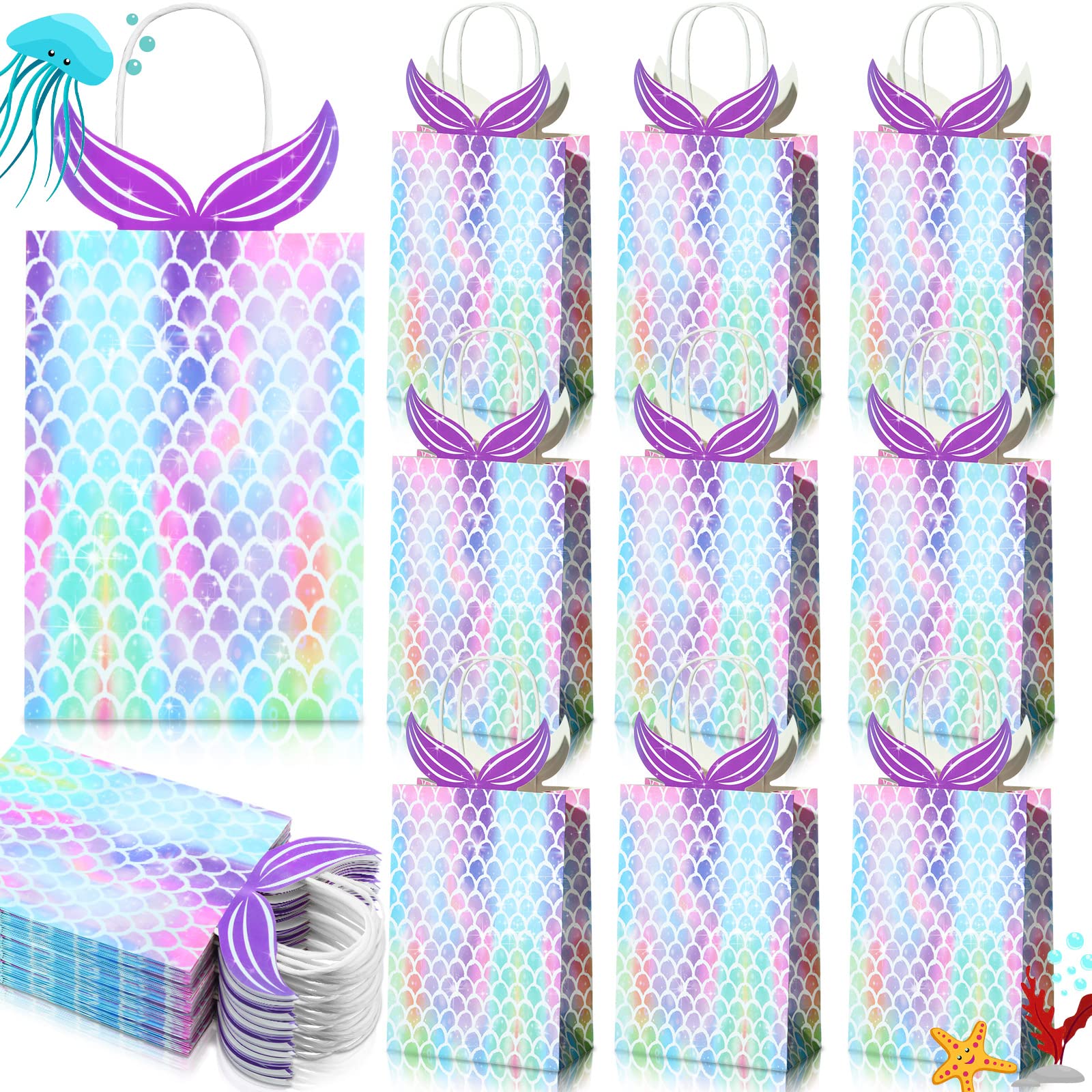 Mermaid Gift Bags with Handles - 10 Pack Party Favors for Girls Birthday, Baby Shower & Candy Treats | Durable Mermaid-Themed Goodie Bags for Party Decorations & Favor Distribution