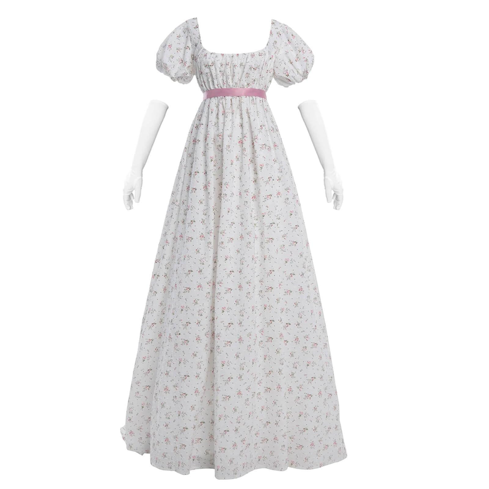 Nuoqi Women's Floral Regency Era Dress - Empire Waist Long Tea Party Gown for Historical Reenactment, Cosplay & Vintage Themed Events