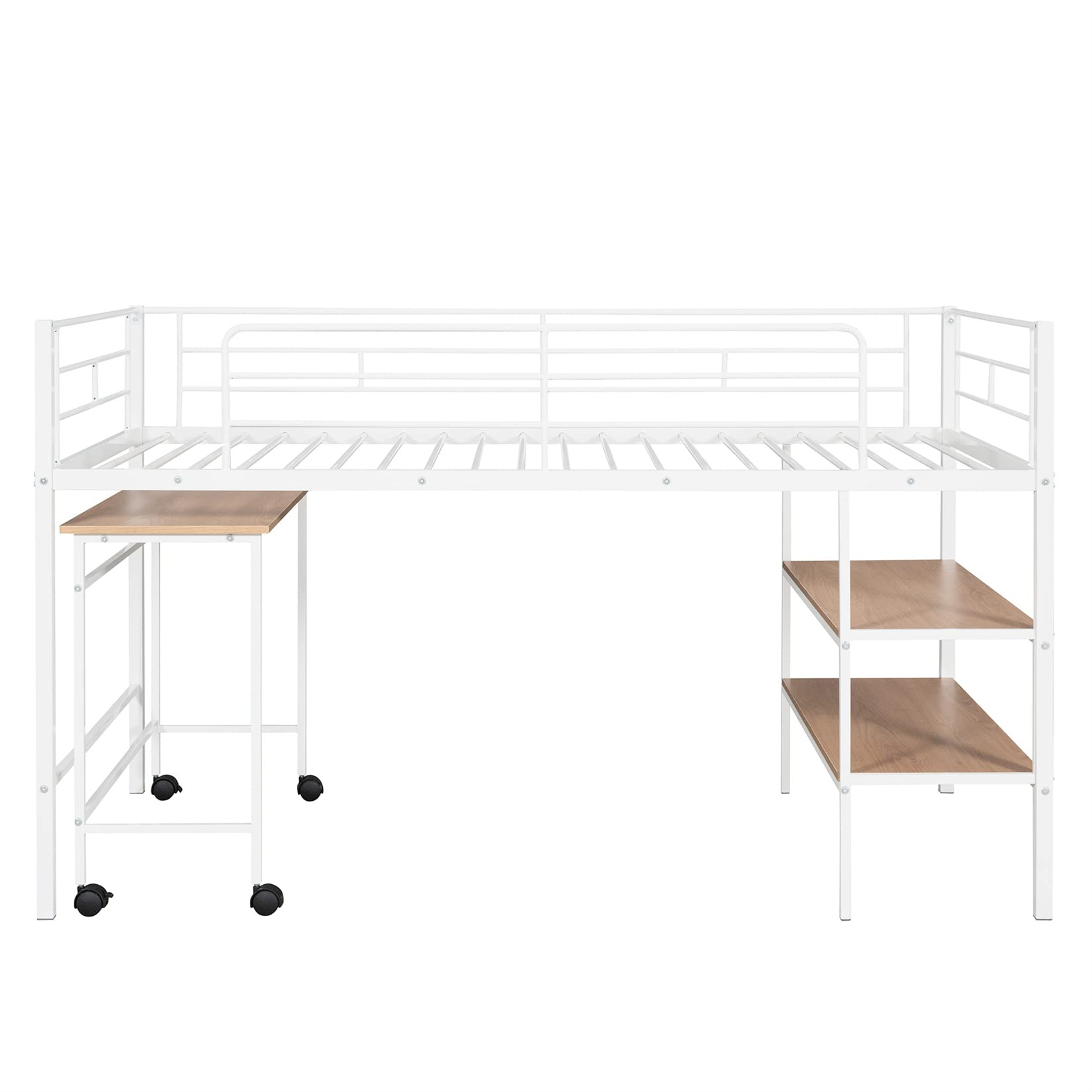 Harper & Bright Designs Low Loft Bed with Bookcase & Rolling Desk - Twin Size Metal Frame for Kids & Teens - Perfect for Small Bedrooms, Dorm Rooms & Study Spaces (White)