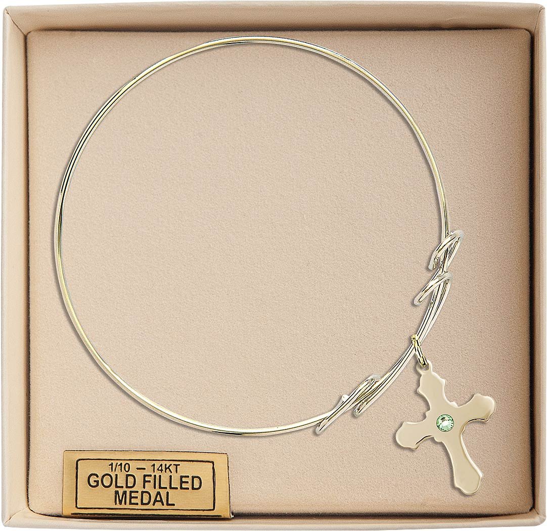 8 Inch Round Double Loop Bangle Bracelet with Cross Medal Charm & August Green Crystal - Elegant Jewelry for Women, Perfect for Church, Weddings, and Special Occasions