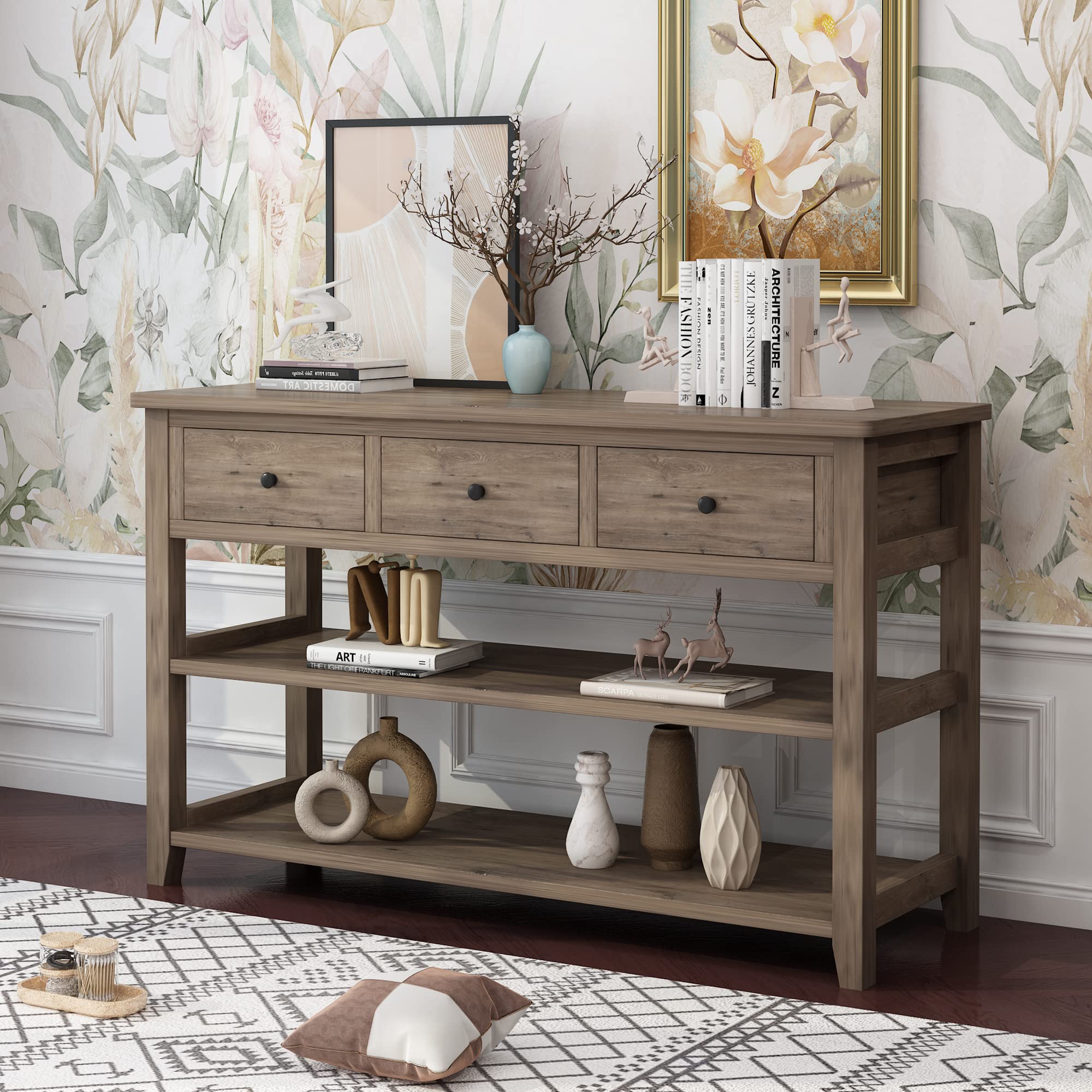 Modern 3-Tier Console Table with 3 Drawers & Storage Shelves - Narrow Entryway Sofa Table for Living Room, Hallway, Bedroom - Space-Saving Grey Sideboard for Small Apartments & Home Decor