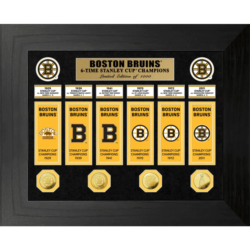 Boston Bruins Stanley Cup Champions Framed Banner & Gold Coin Collage - NHL Hockey Memorabilia for Home, Office, or Man Cave Decor