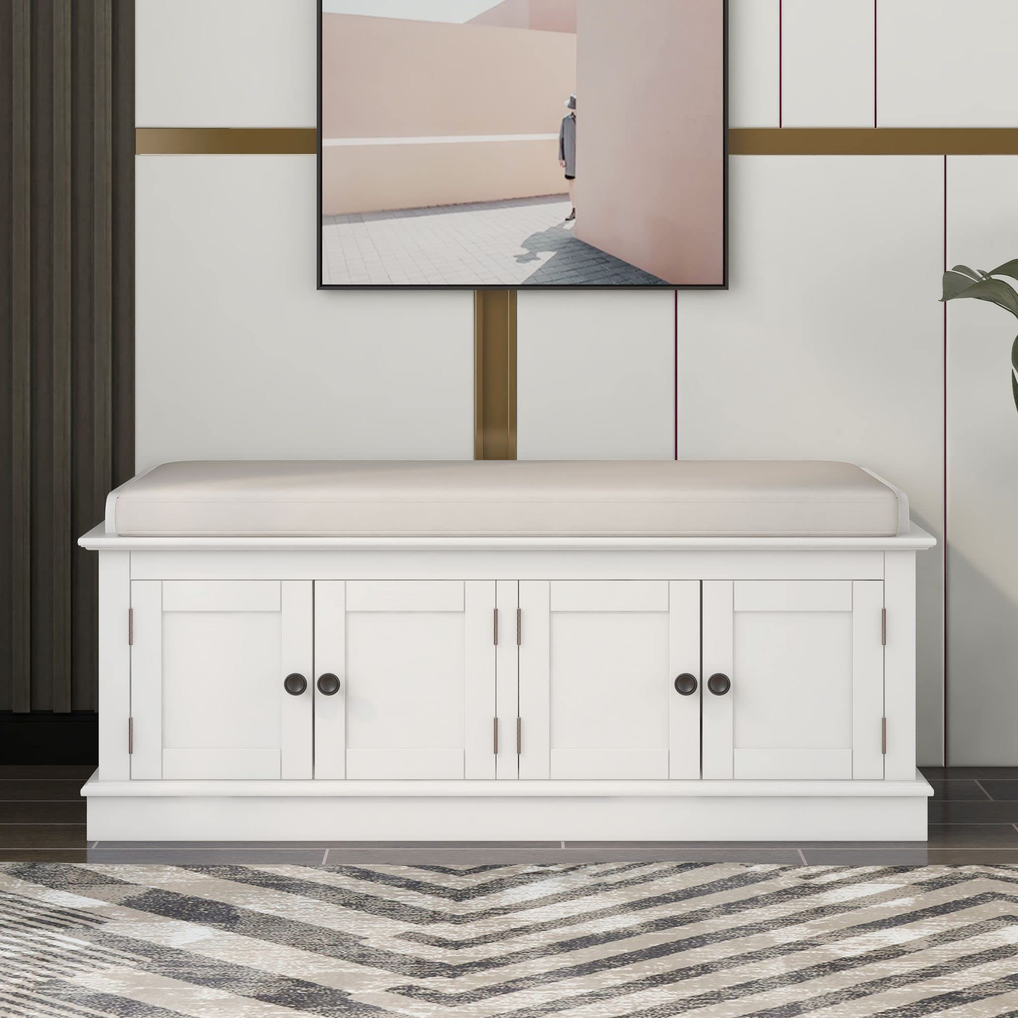 RUNNA White Wooden Storage Bench with 4 Doors & Adjustable Shelves - Entryway Shoe Organizer, Ottoman Cabinet with Removable Cushion for Hallway, Living Room, Bedroom - Perfect for Small Space Organization & Entryway Seating