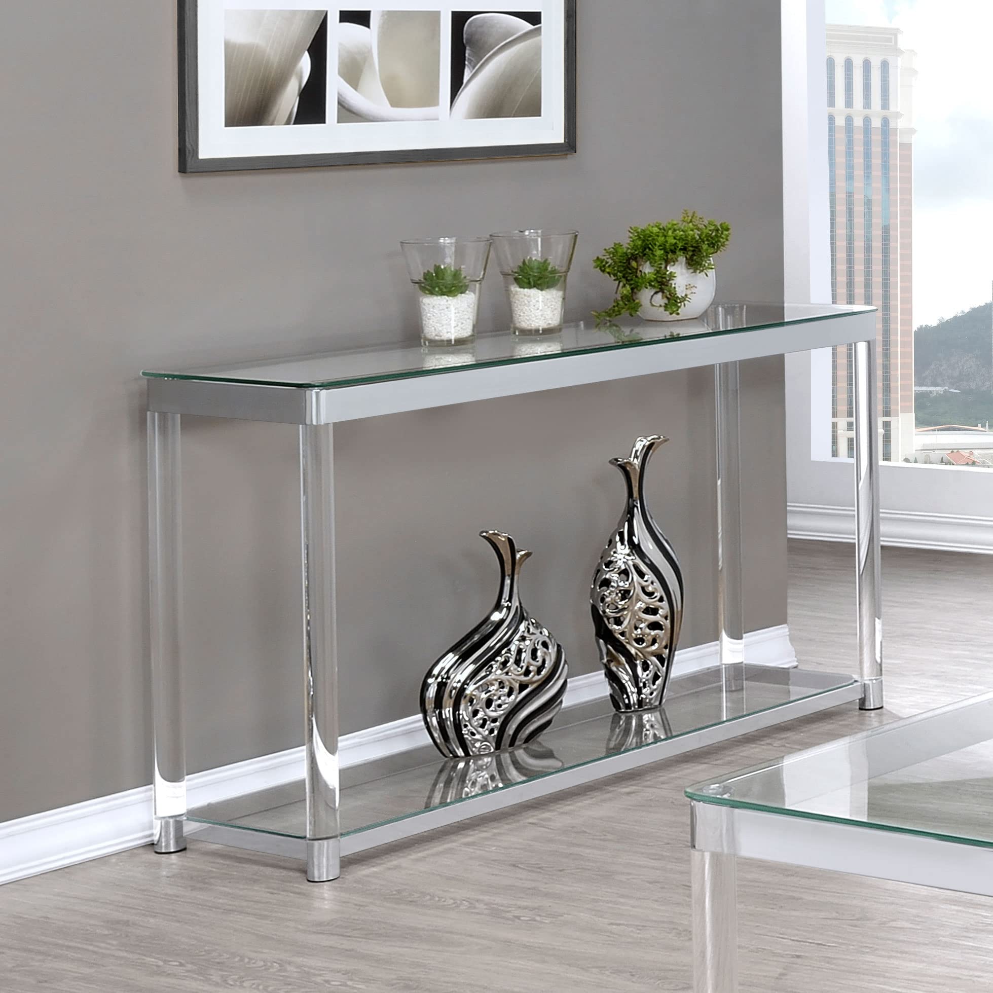 Anne Sofa Table with Lower Shelf - Chrome & Clear Glass End Table - Modern Living Room Furniture for Small Spaces | Perfect for Holding Lamps, Books & Decor