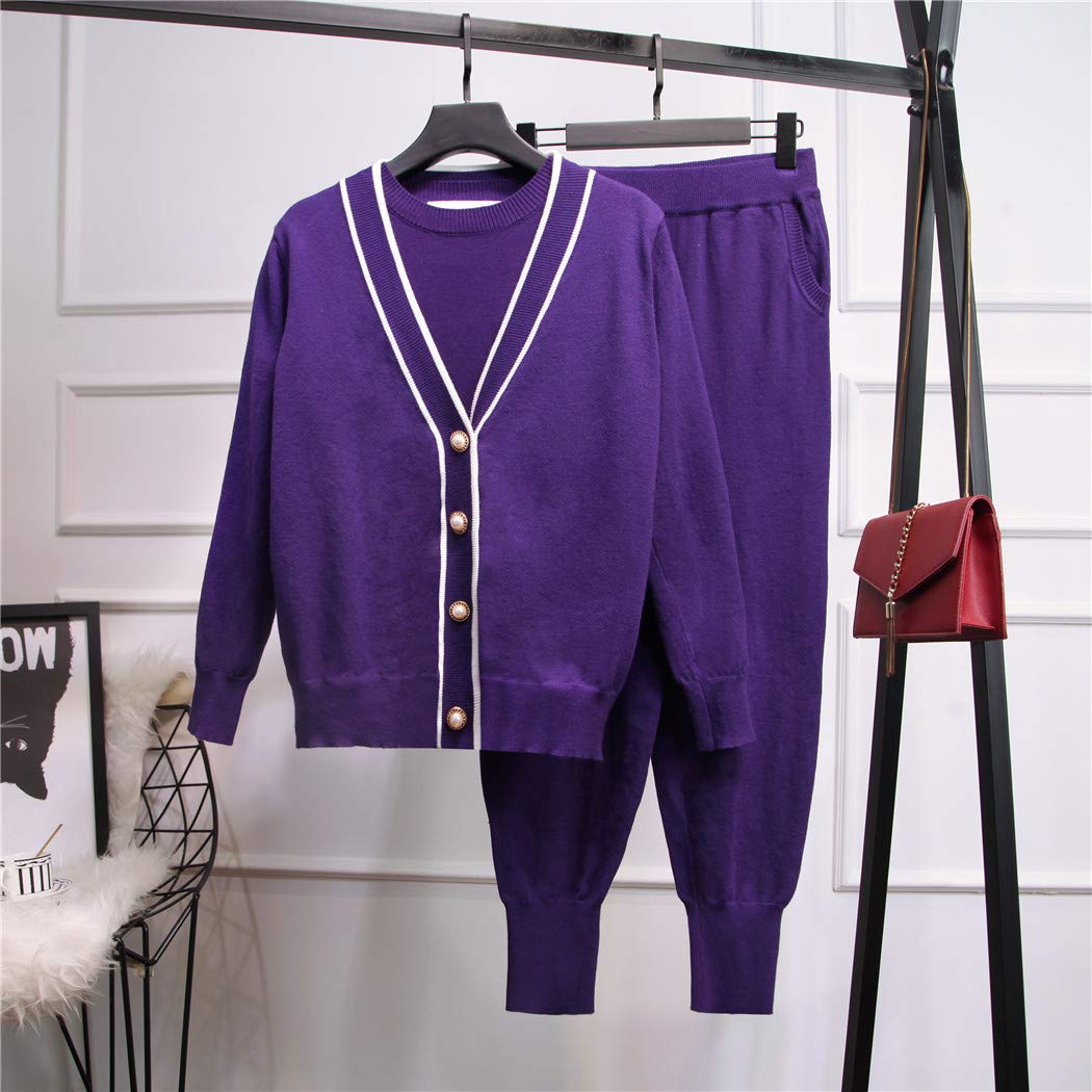 Women's Winter Fashion 3-Piece Set - Pearl Button T-Shirt, Patchwork Knitted Cardigan & Comfortable Pants | Cozy Outfit for Office, Dating & Casual Wear