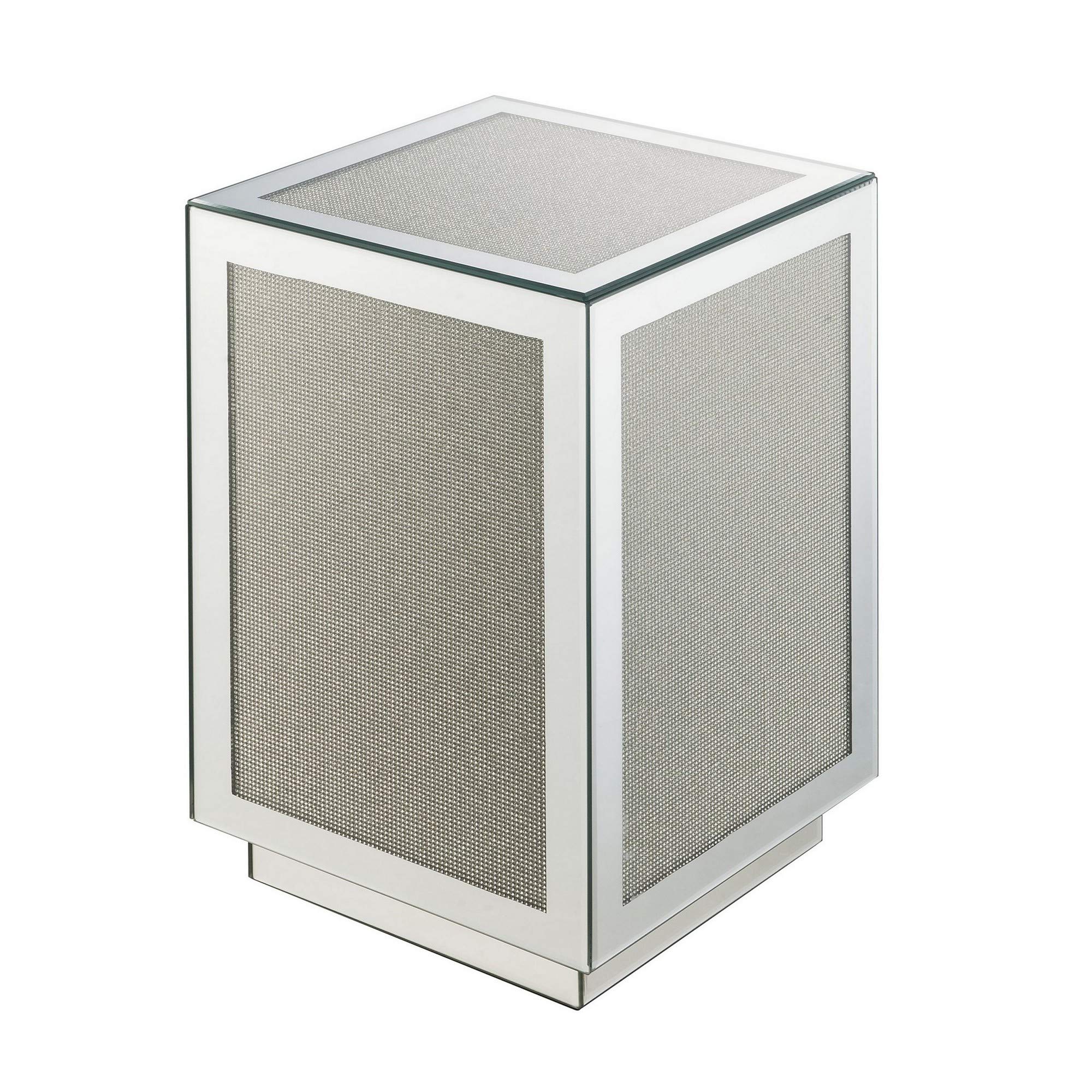 Benjara Silver Mirrored Accent Table with Faux Diamond Inlay & Glass Top - Elegant Living Room, Bedroom, or Entryway Decor