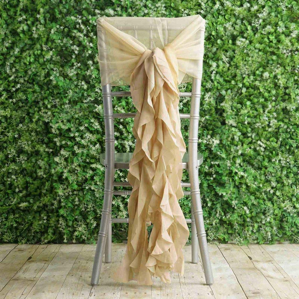 50 Premium Champagne Curly Chiffon Chair Covers with Sashes - Elegant Wedding, Party & Reception Decorations for Ceremonies, Banquets & Special Events