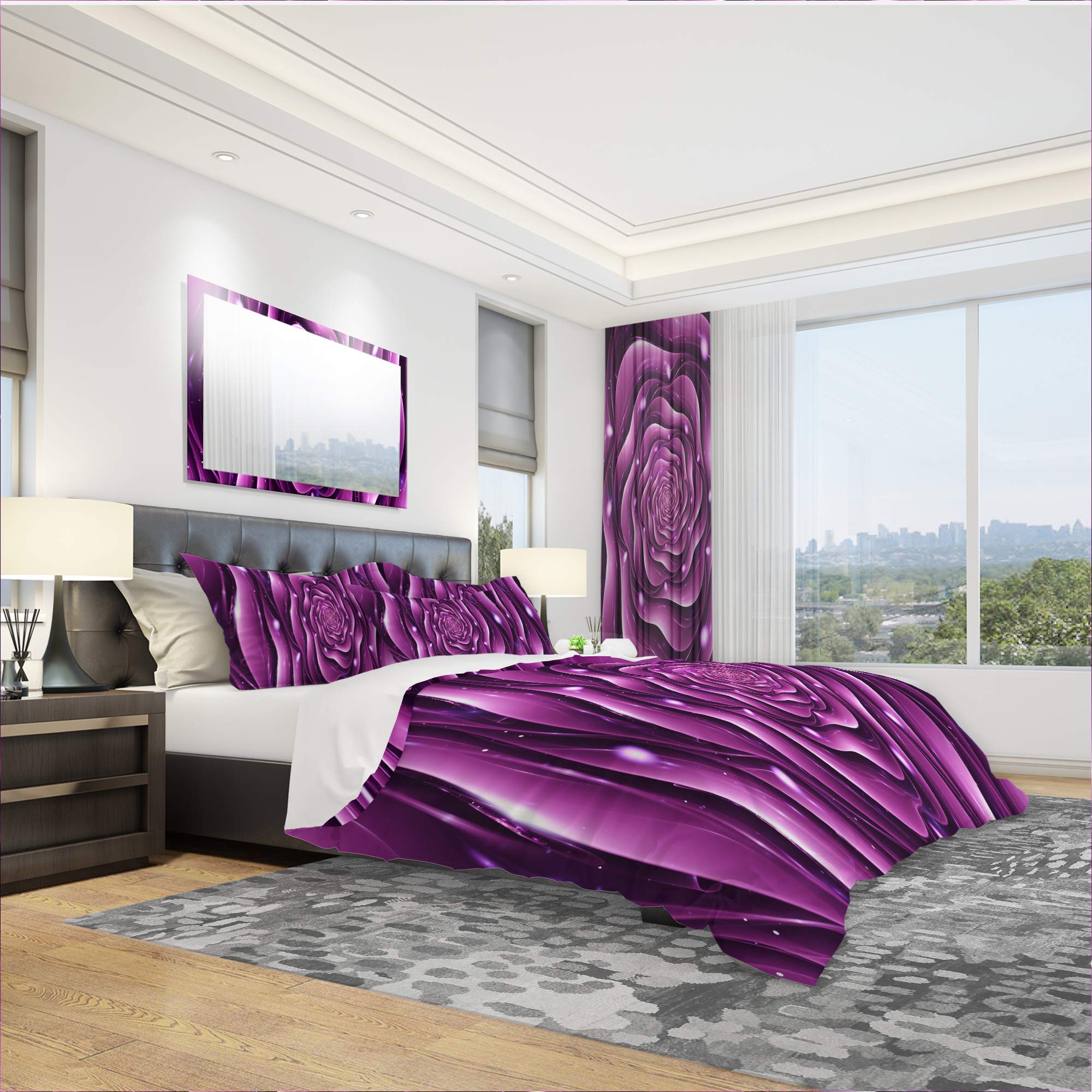 Purple Rose Duvet Cover Set - Modern & Contemporary Bedding for Queen/King Size - Perfect for Master Bedroom, Guest Room & Home Decor