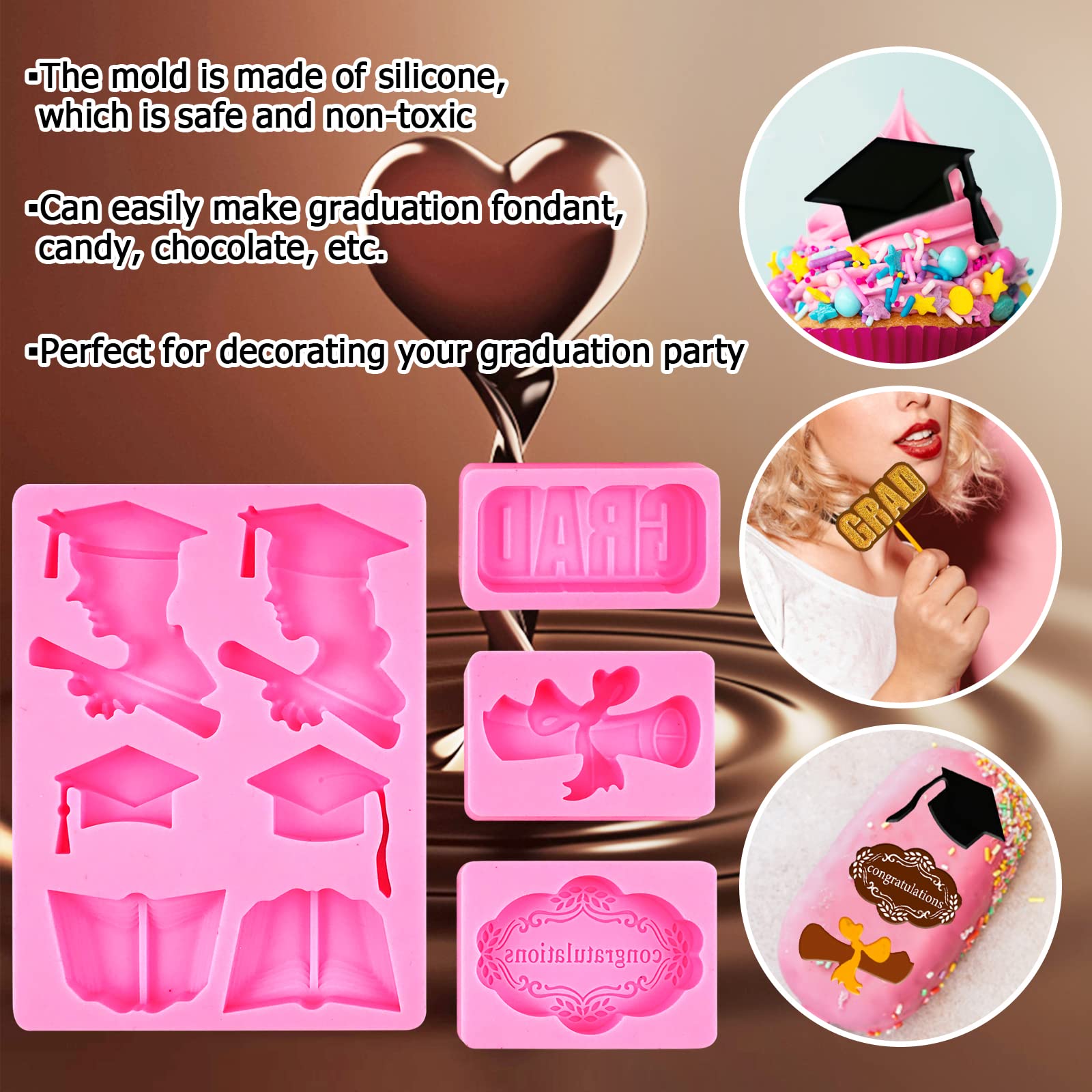 4-Piece Graduation Silicone Mold Set - Fondant, Chocolate, Resin Molds for Diploma & Graduation Cap - Perfect for Cake, Cookie, Cupcake Decorations - Great for Graduation Parties & Celebrations (Pink)