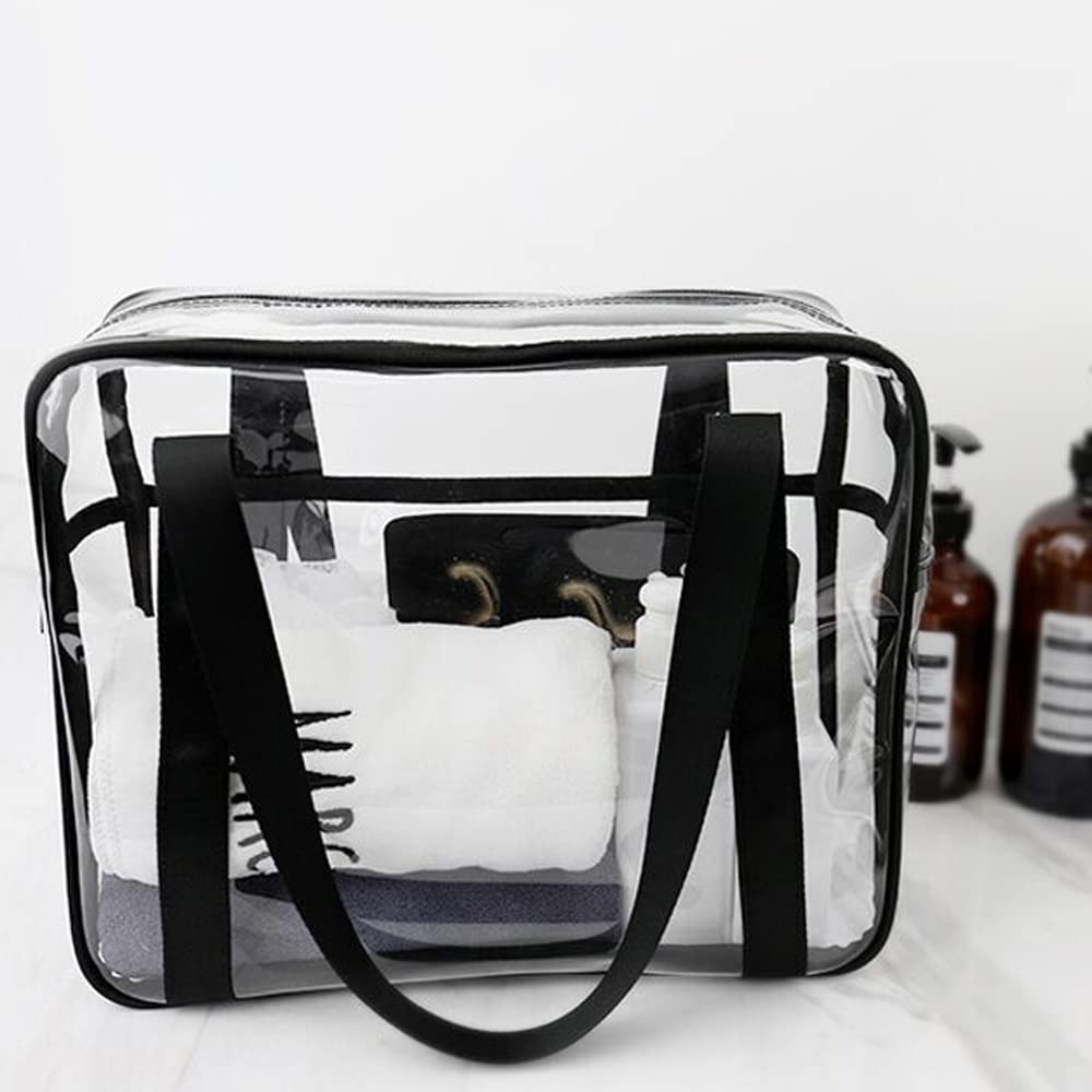 SxoSyo Large Clear Makeup Bag for Women - Transparent Travel Toiletry Organizer with Handle, Waterproof Cosmetic Storage Pouch (Black) | Perfect for Bathroom Organization, Gym Essentials & Airplane Carry-on