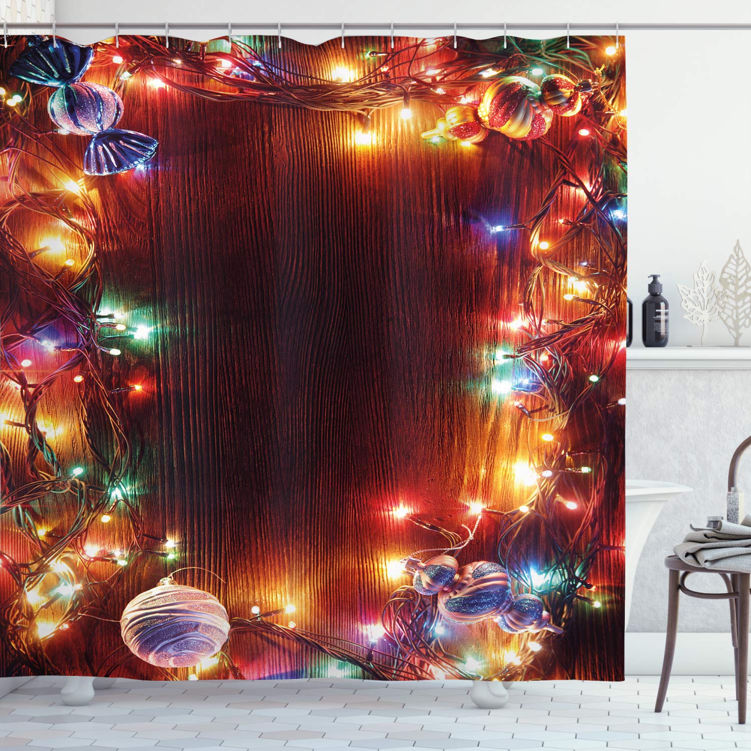 Ambesonne Christmas Shower Curtain - Grunge Hipster Tinsel Winter Themed Ornament Print on Wooden Seam Design, 105