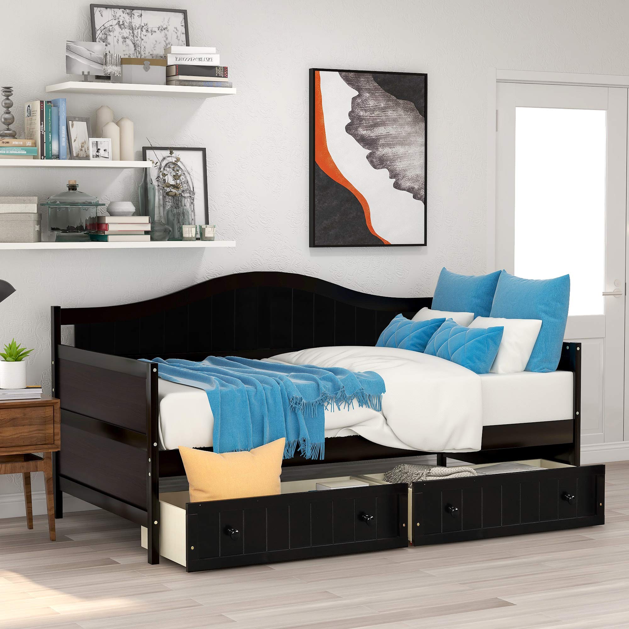 **Twin Wooden Daybed with 2 Drawers - Sturdy Platform Bed Frame with Wood Slats Support - Space-Saving Sofa Bed for Bedroom, Living Room, Guest Room - No Box Spring Needed (Espresso, Twin Size with Storage)**    **Use Cases:** Perfect for small apartments, dorm rooms, guest bedrooms, or as a stylish seating and sleeping solution in living rooms.