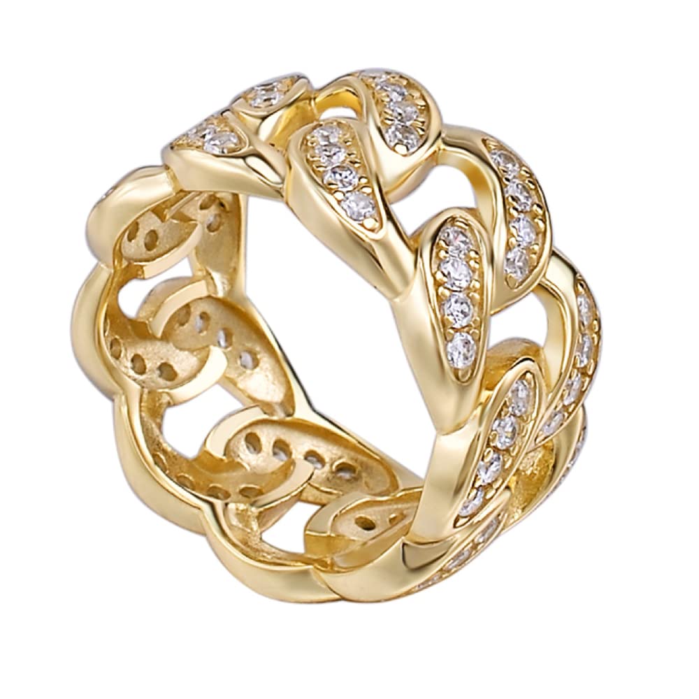2ct Moissanite Miami Cuban Link Ring - 14k Gold Plated 925 Sterling Silver Men's Hip Hop Jewelry - VVS D Color Real Moissanite Pinky Ring - Perfect for Gifts, Parties & Streetwear Fashion